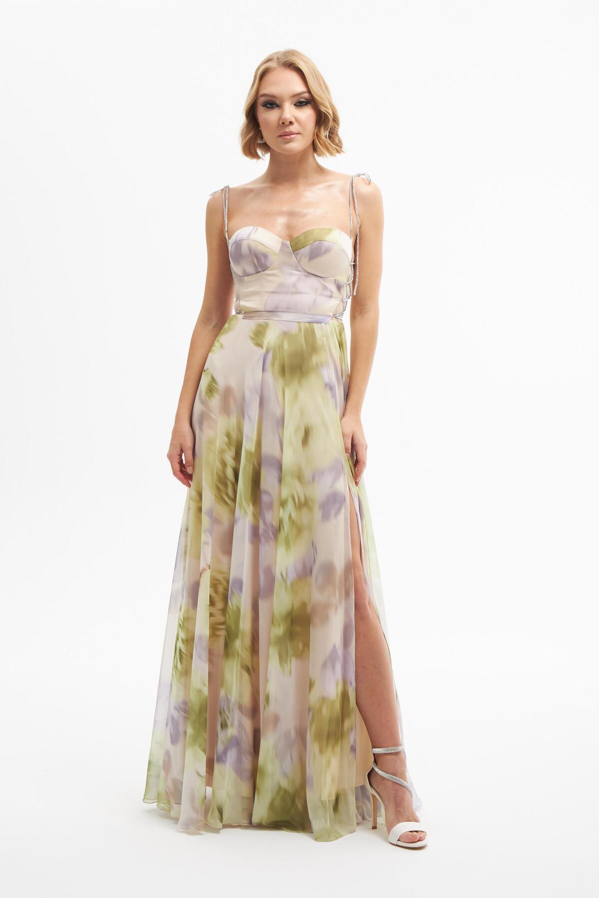 Levně Carmen Pistachio Green Printed Slit Long Evening Dress
