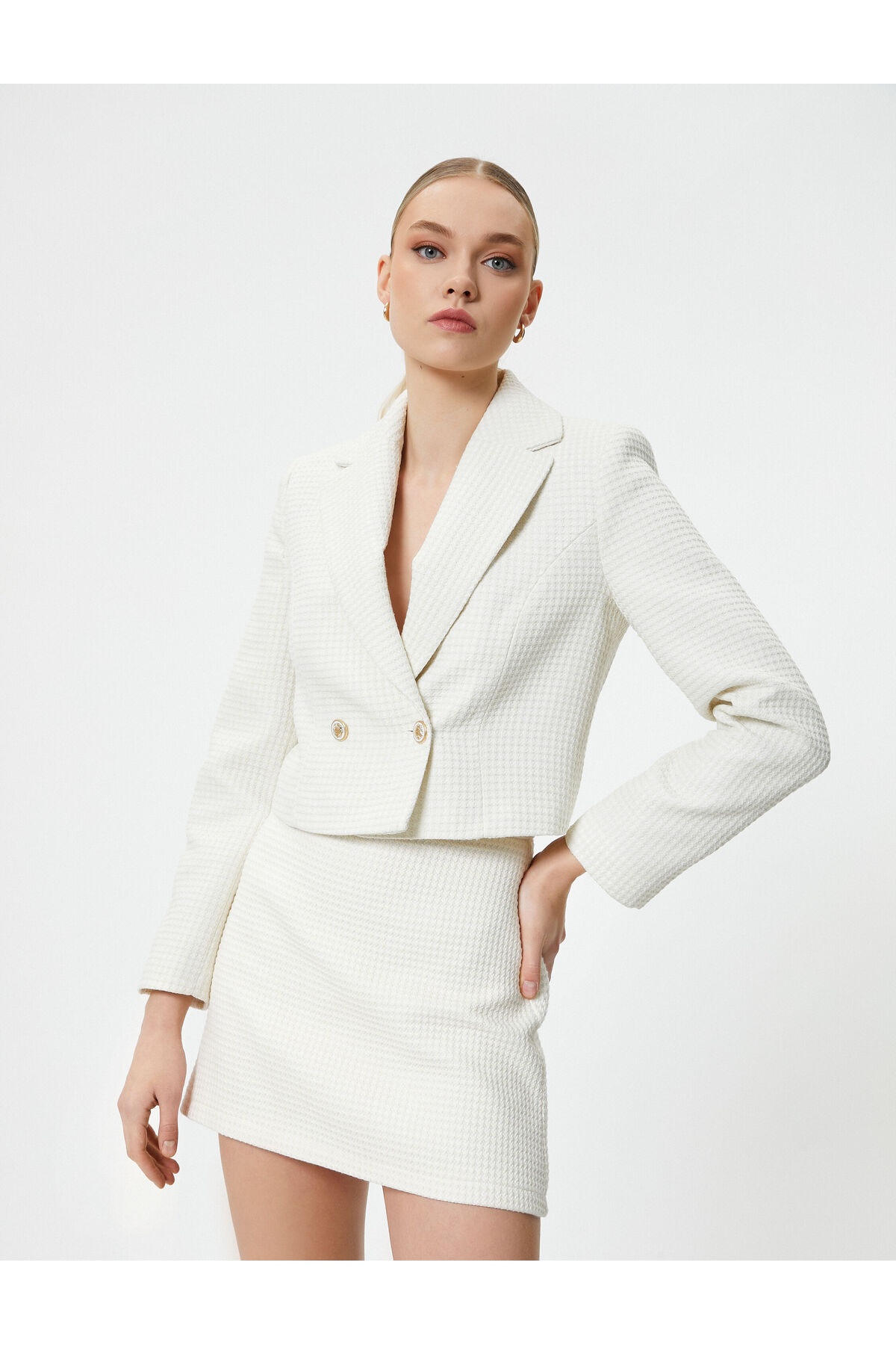 Koton Crop Blazer Double Breasted Buttoned Textured