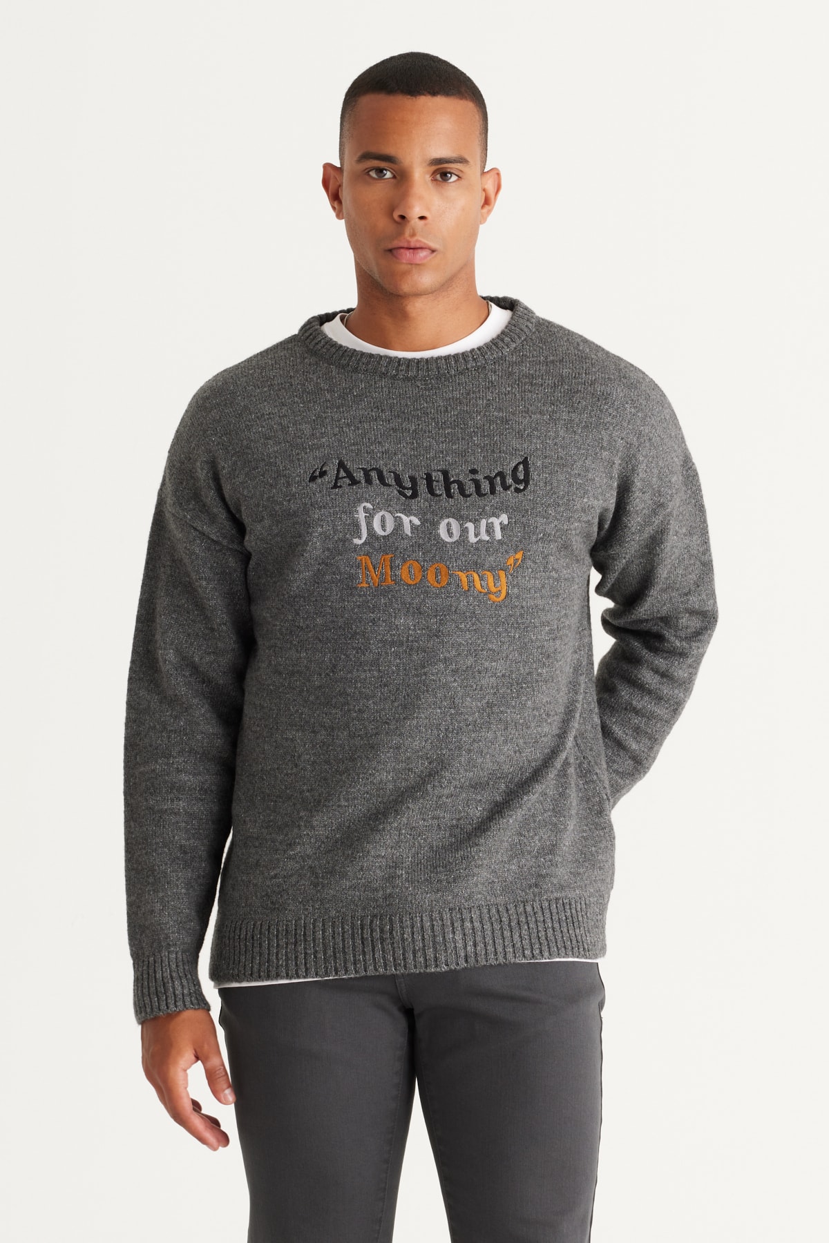AC&Co / Altınyıldız Classics Men's Gray Melange Oversize Wide Cut Crew Neck Patterned Soft Textured Knitwear Sweater