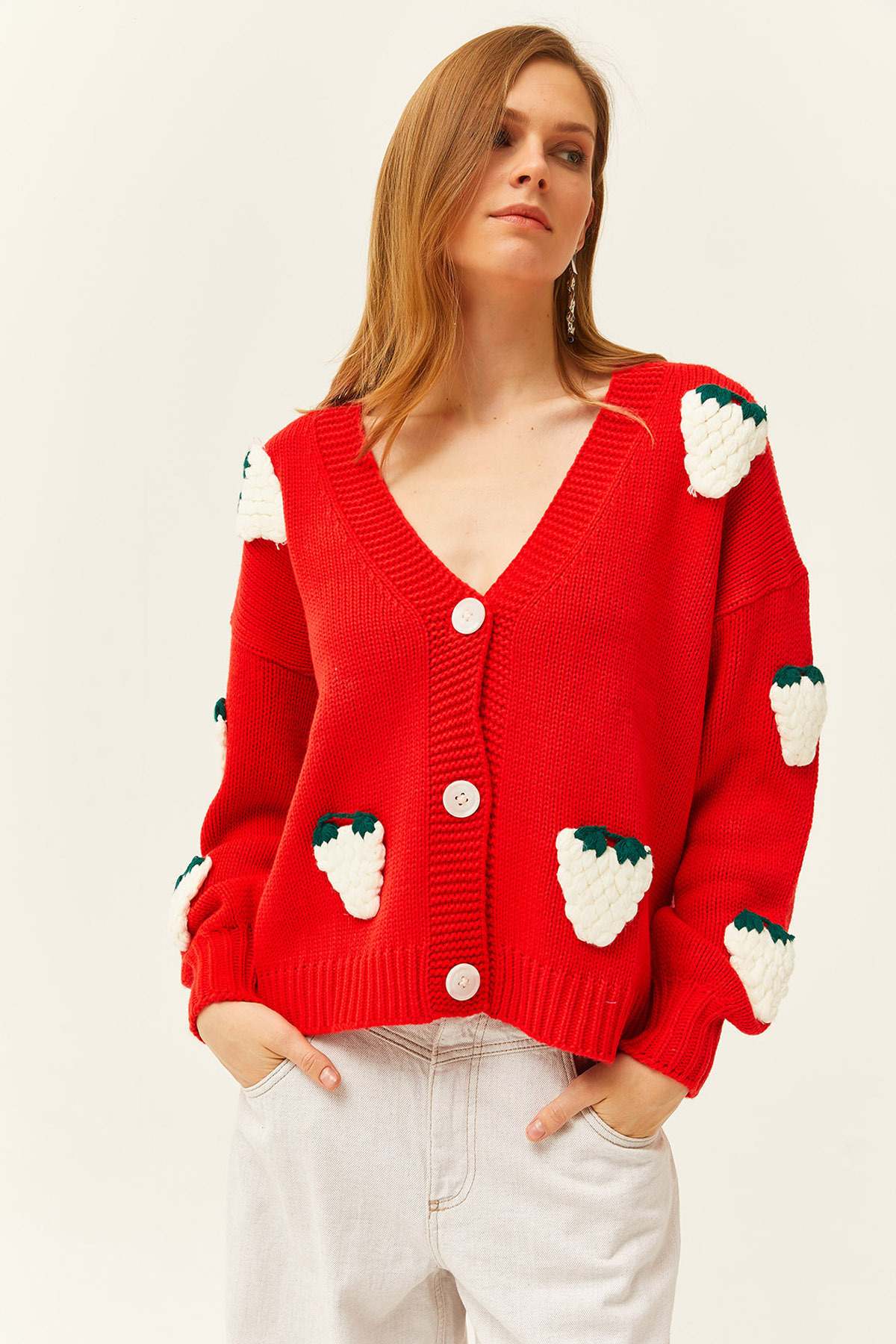 Levně Olalook Women's Red Strawberry Garnish Buttoned Knitwear Cardigan