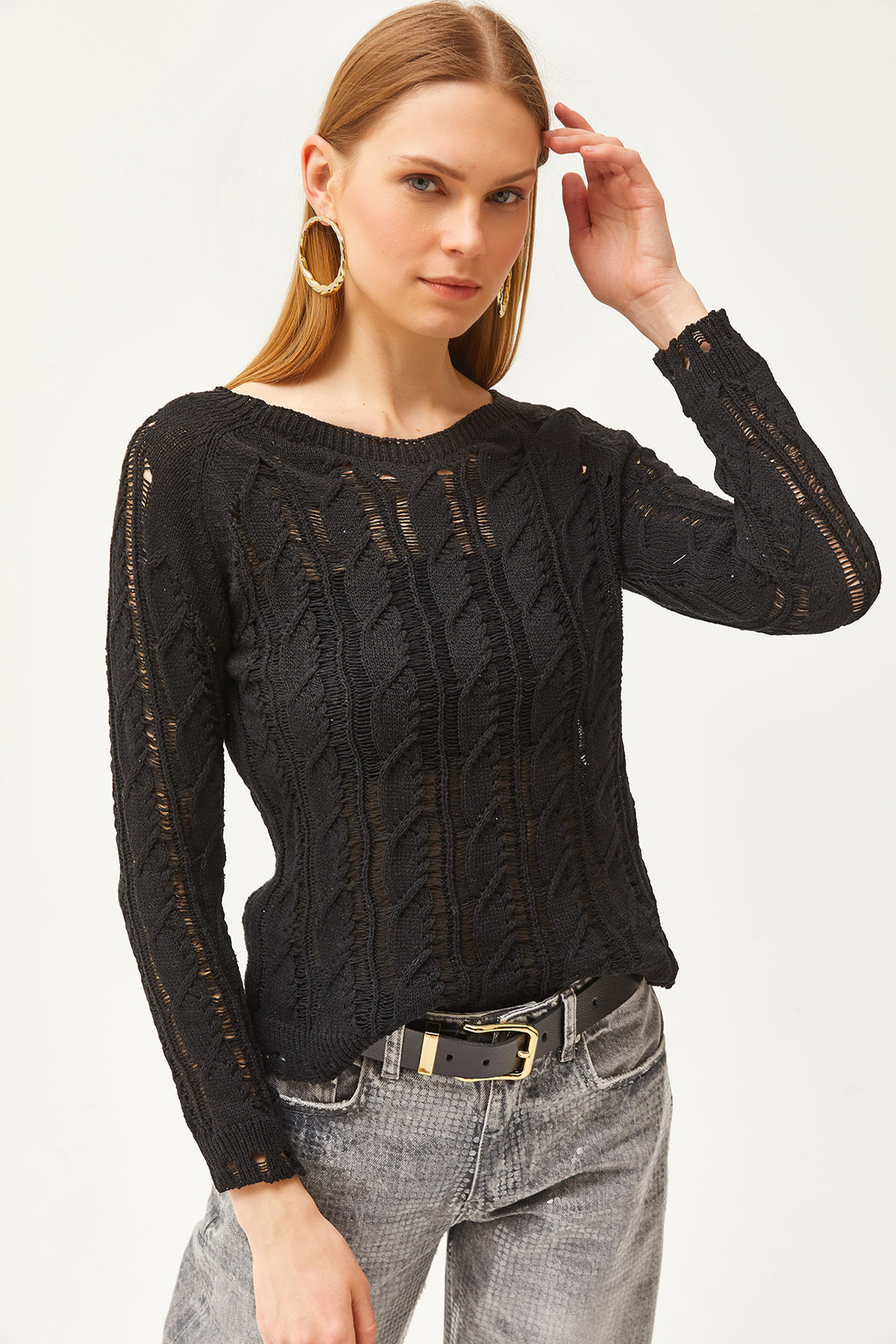 Olalook Women's Black Hair Knit Detail Seasonal Knitwear Blouse