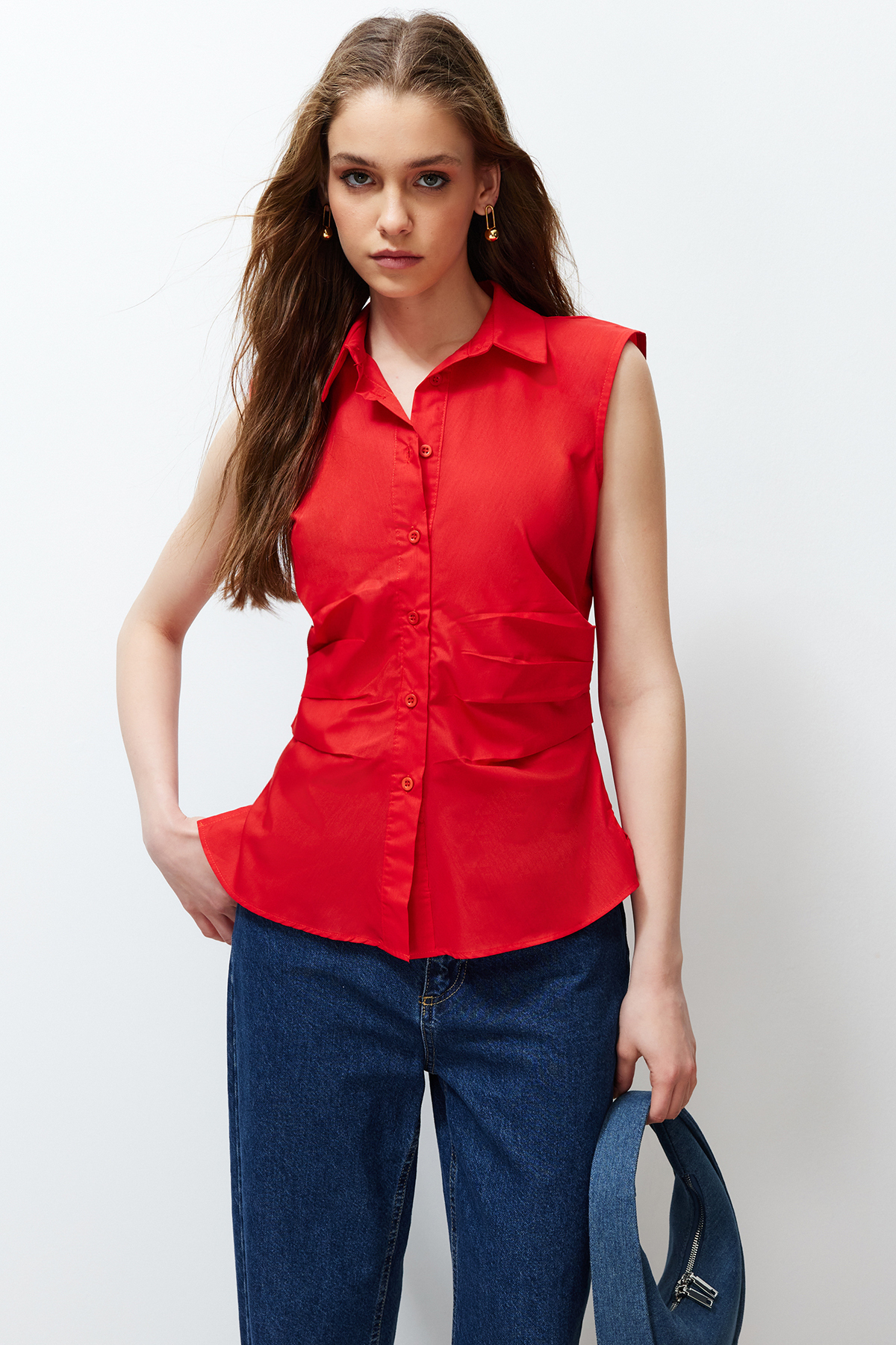 Levně Trendyol Red Pleated Fitted Woven Shirt