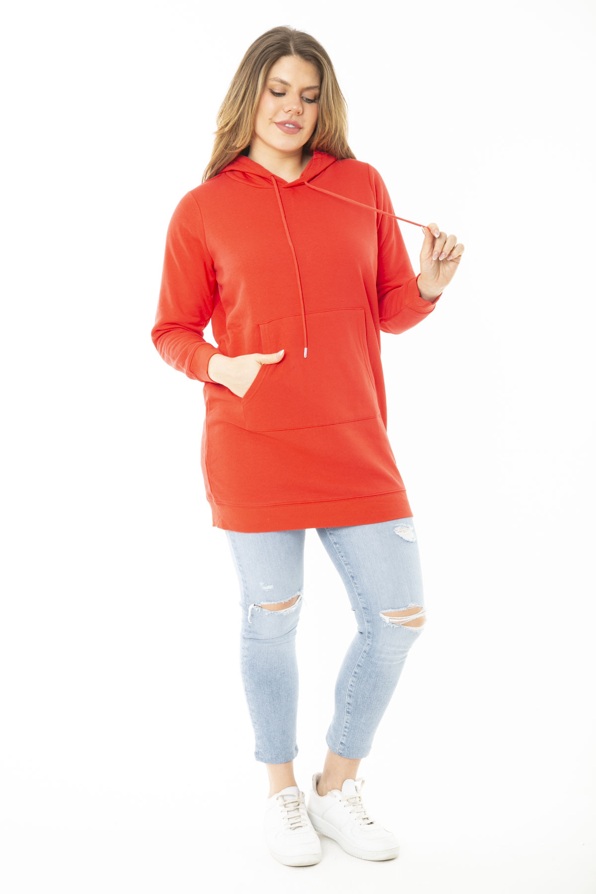 Levně Şans Women's Plus Size Red Two Threads Hooded Sweatshirt
