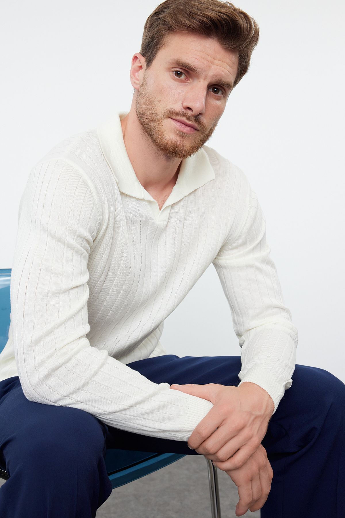 Trendyol Ecru Slim Polo Collar Flat Knitwear Sweatshirt