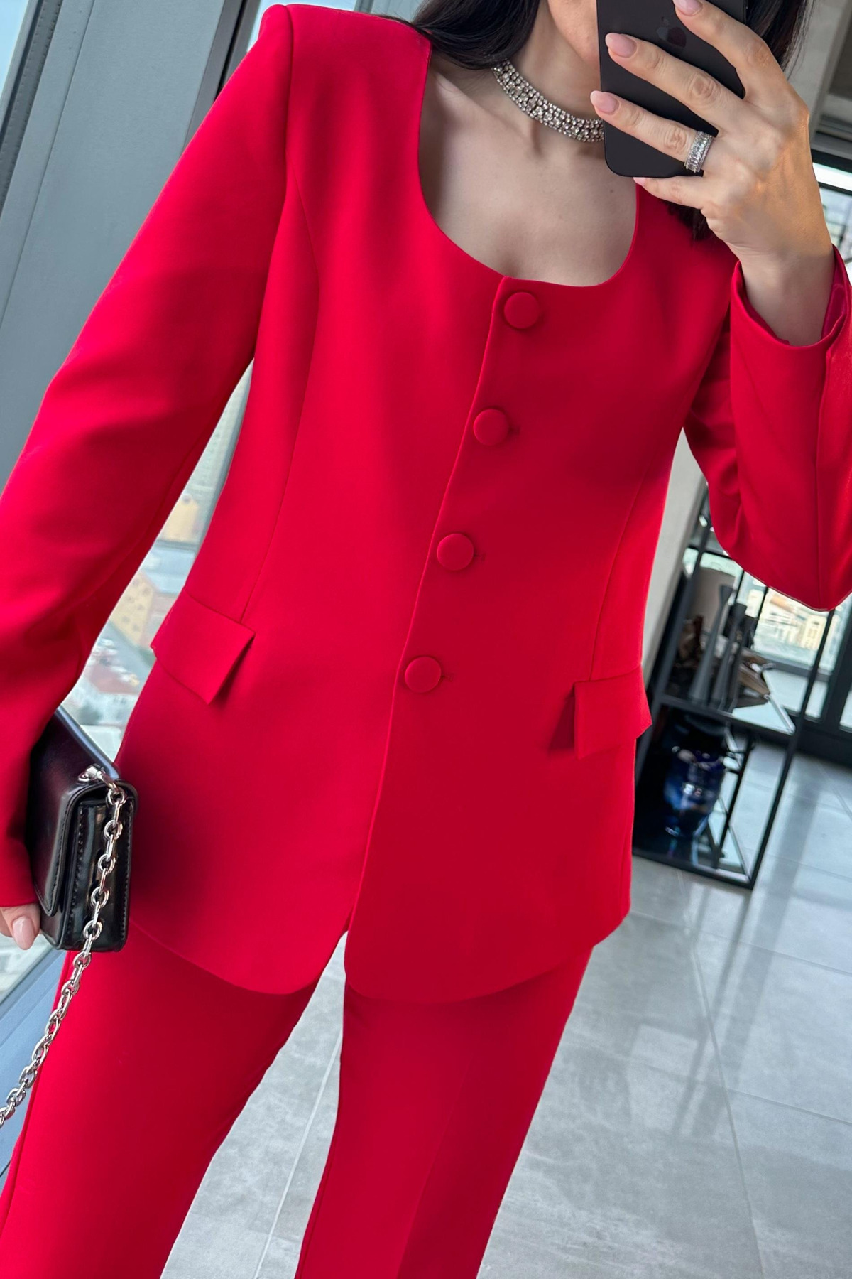 Laluvia Red Premium Round Neck Jacket Pants Suit