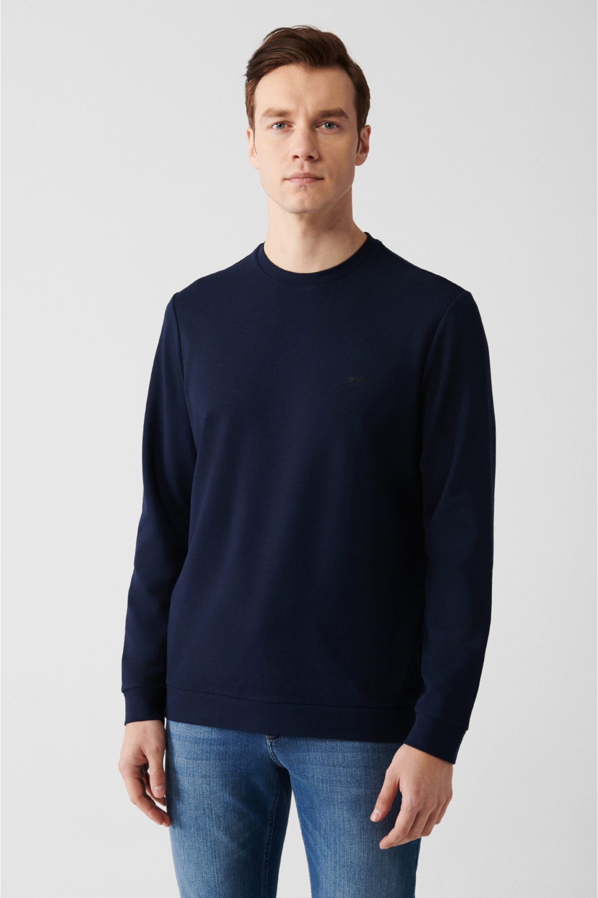 Levně Avva Men's Navy Blue Interlock Fabric Crew Neck Printed Regular Fit Sweatshirt