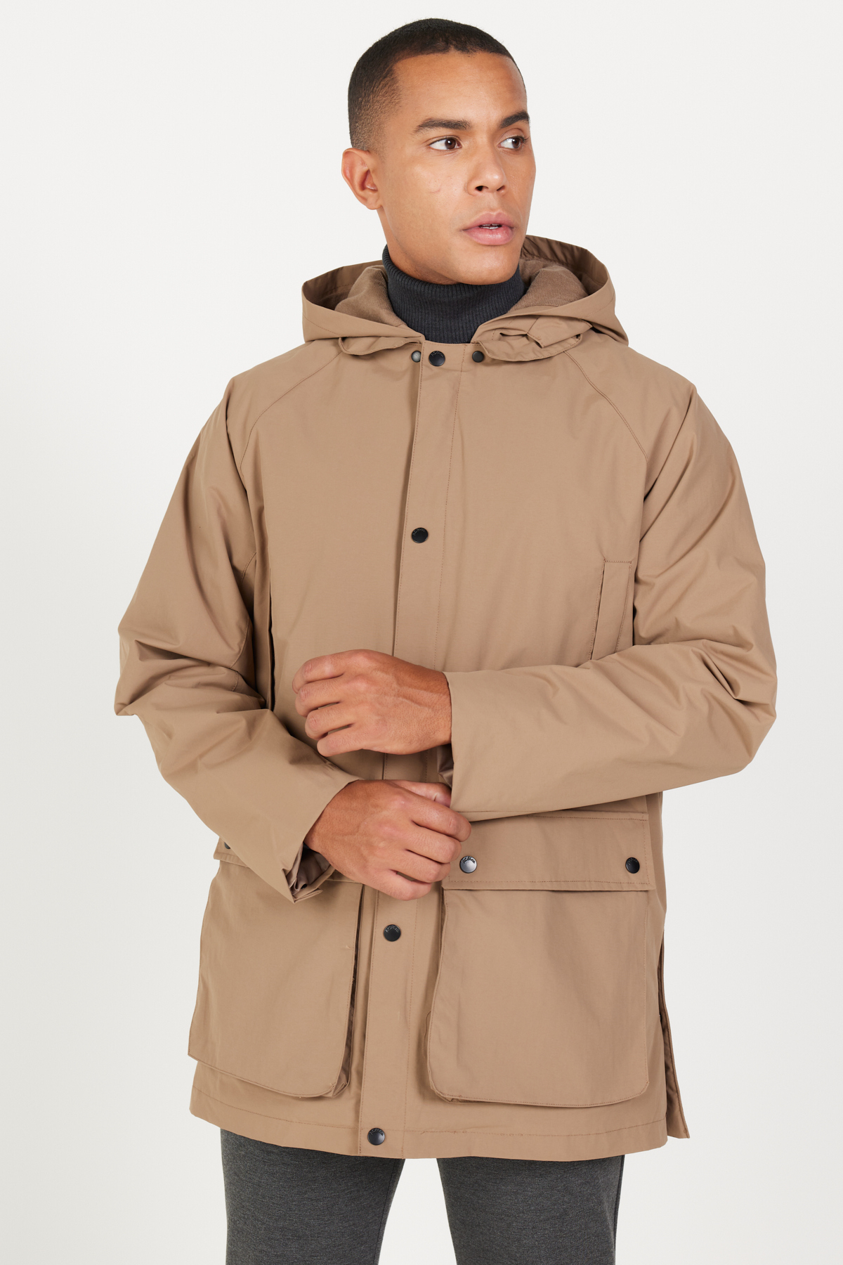 Levně AC&Co / Altınyıldız Classics Men's Mink Hooded Stand Collar Standard Fit Warm Windproof Coat