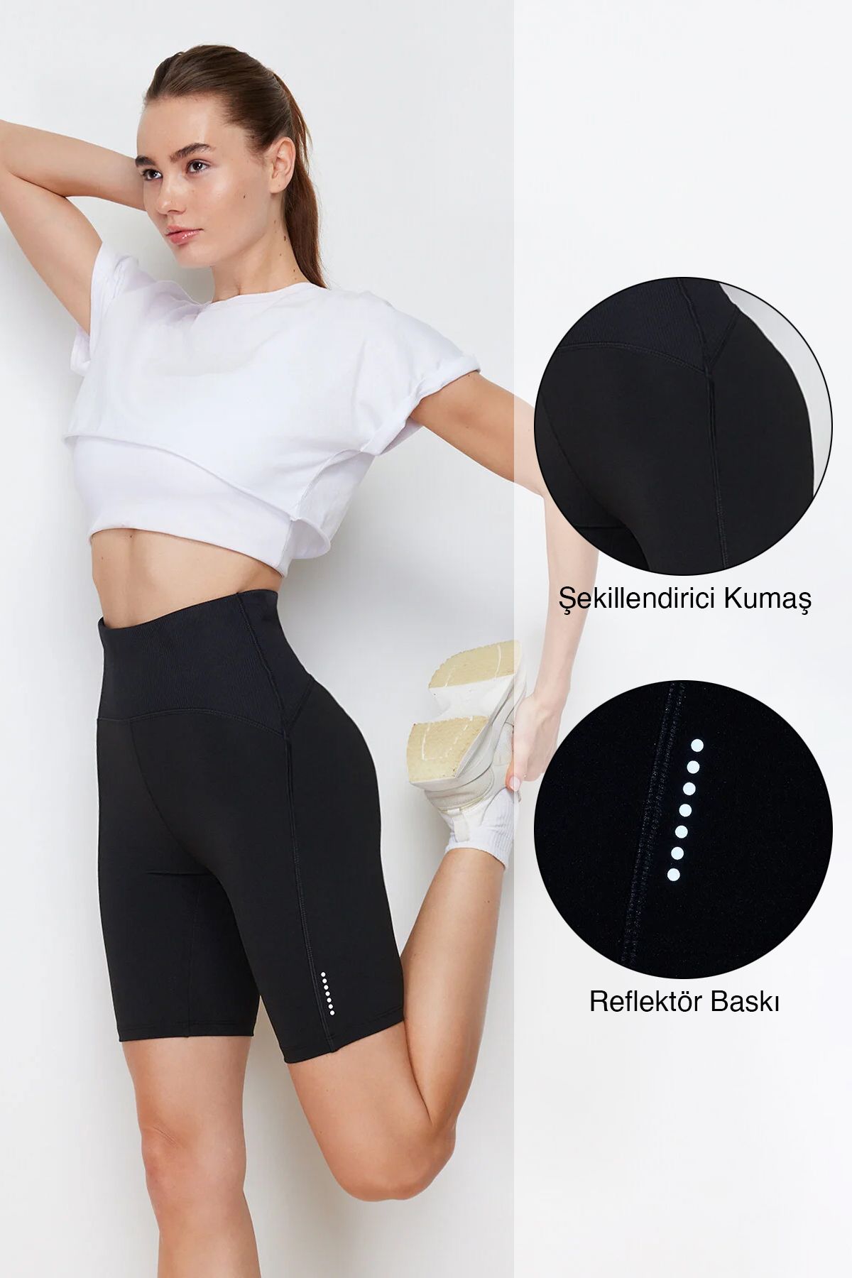 Trendyol Black Matte Recovery Fabric Reflector Printed Knitted Sports Biker/Cyclist/Short Leggings