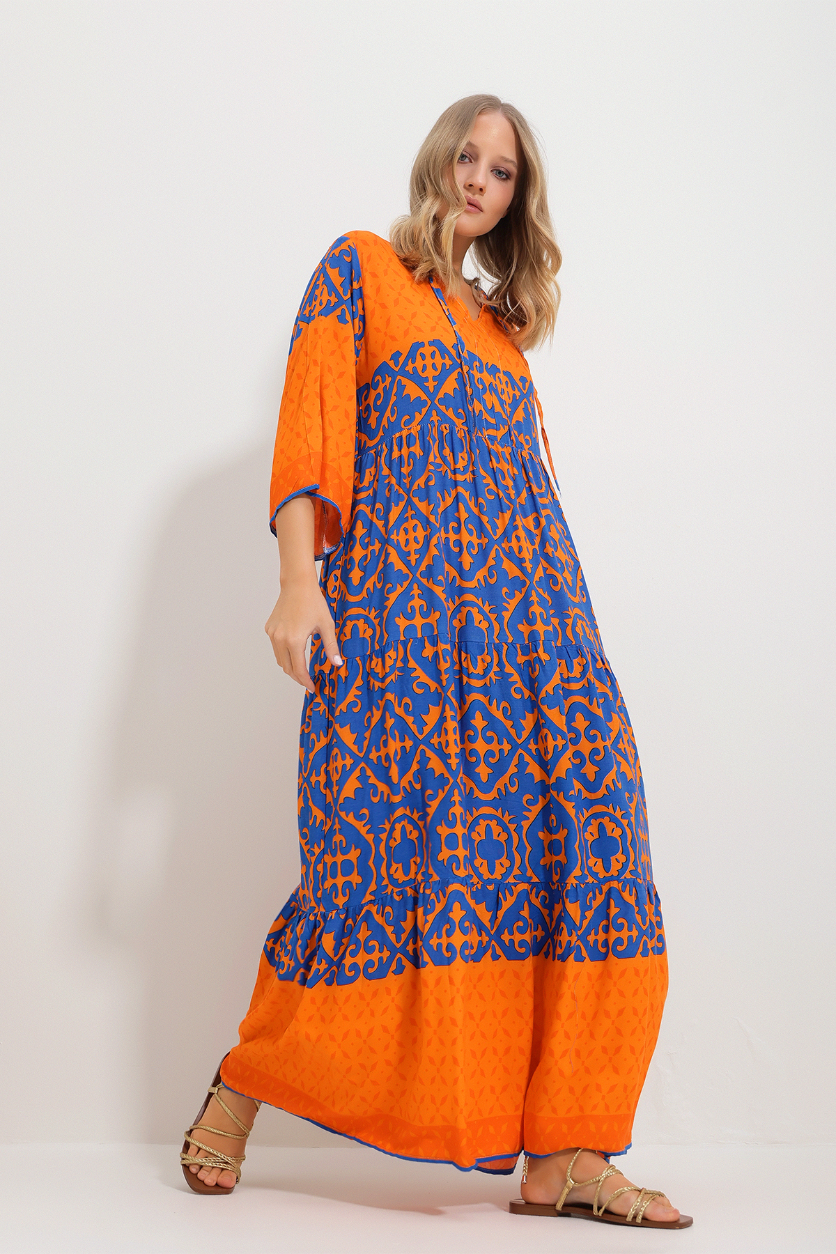 Trend Alaçatı Stili Women's Orange Front Laced Patterned Woven Viscose Dress