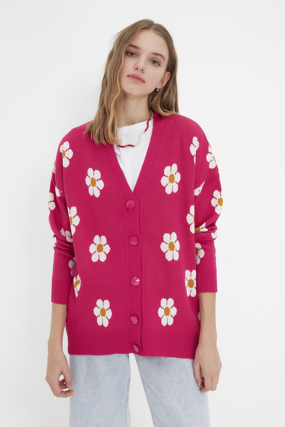 Levně Trendyol Fuchsia Oversize Floral Jacquard Knitwear Cardigan