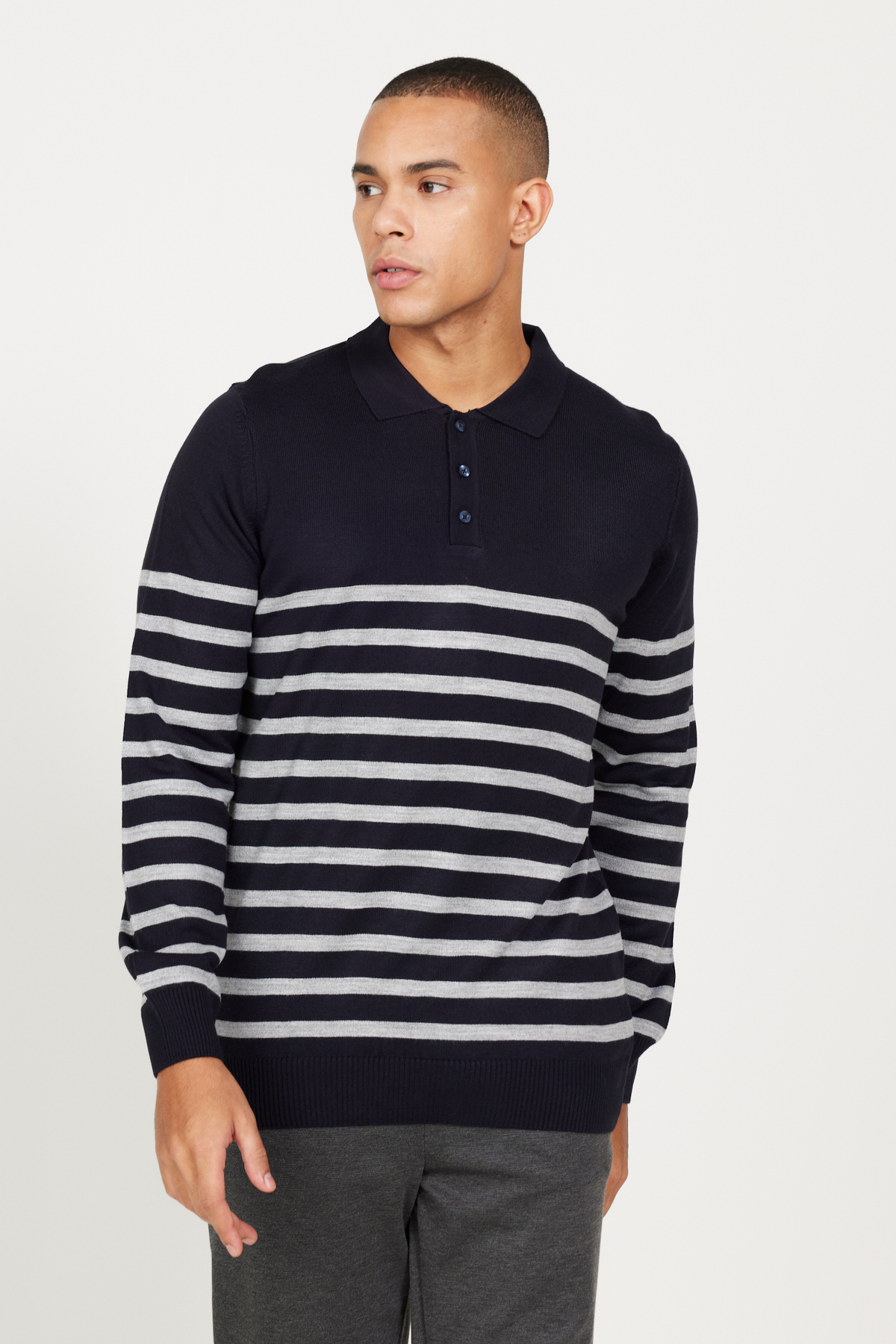 ALTINYILDIZ CLASSICS Men's Navy Blue-Grey Standard Fit Regular Cut Polo Neck Striped Knitwear Sweater
