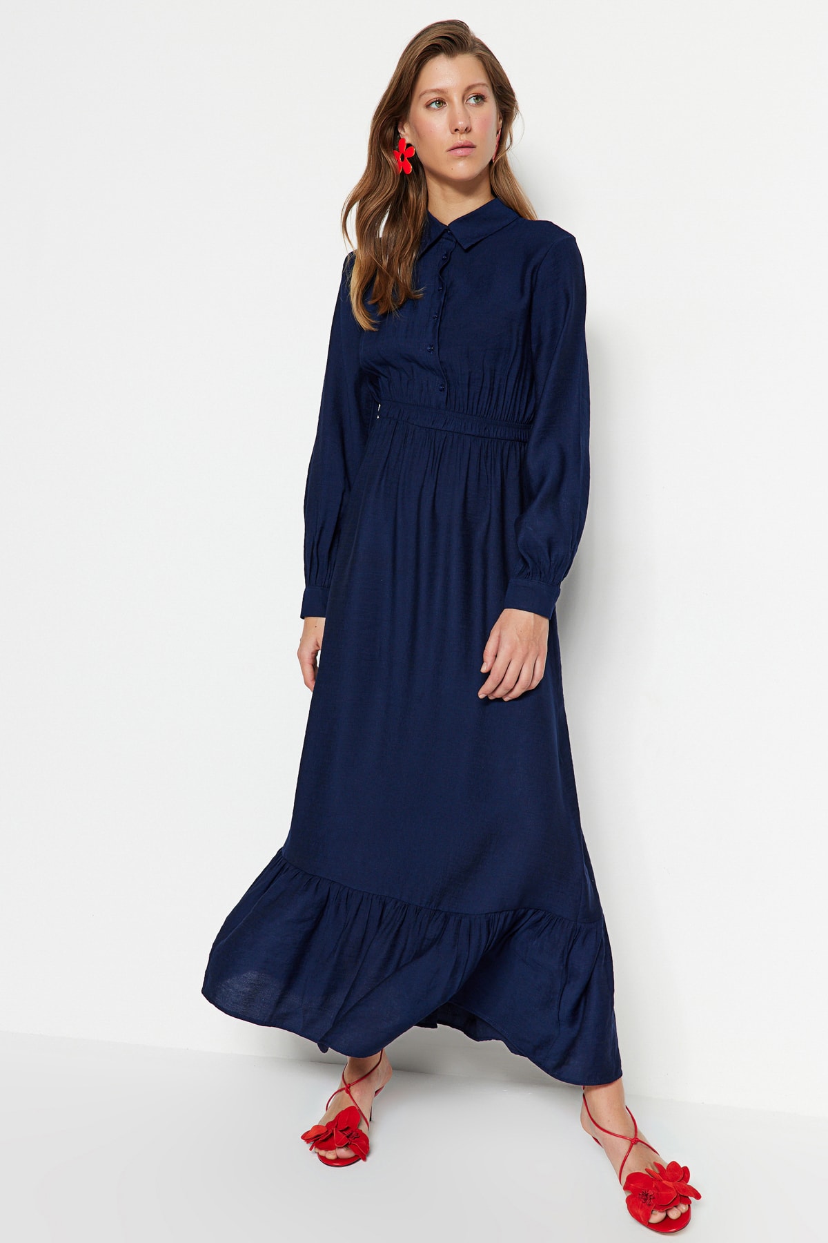 Trendyol Navy Blue Half Paw Smocking Detailed Woven Dress
