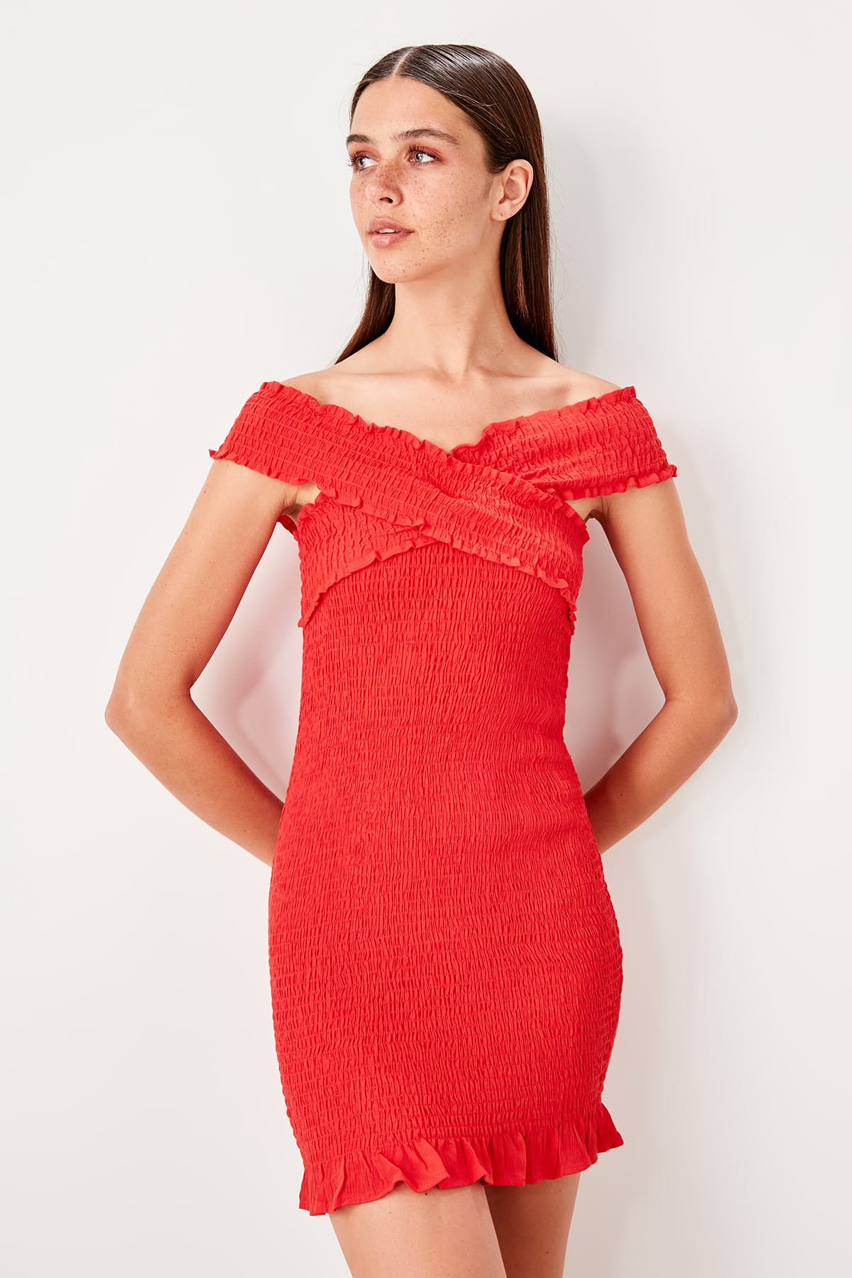 Trendyol Pomegranate Blossom Carmen Collar Ruffle Detailed Dress