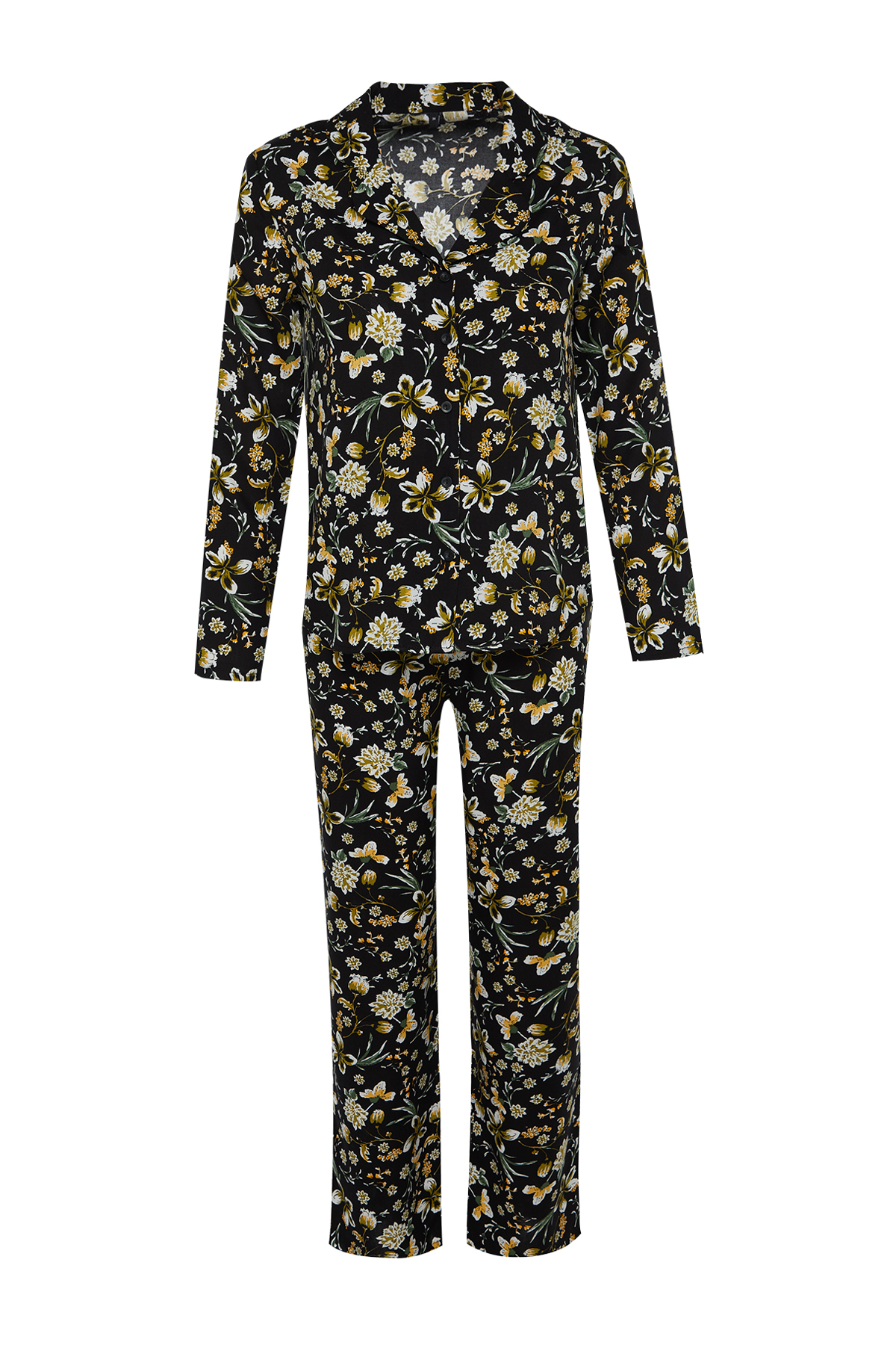 Trendyol Black Floral Pattern Viscose Shirt-Pants Woven Pajamas Set