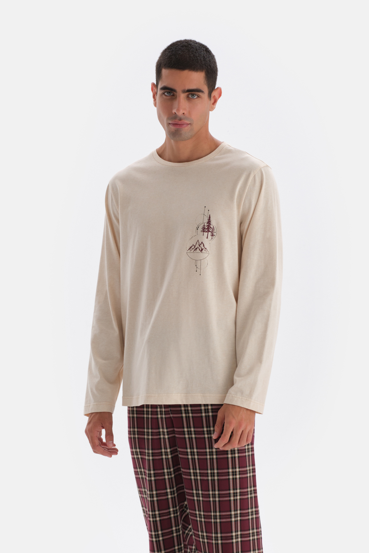 Dagi Ecru Crew Neck Long Sleeve Pajama Top with Print Detail