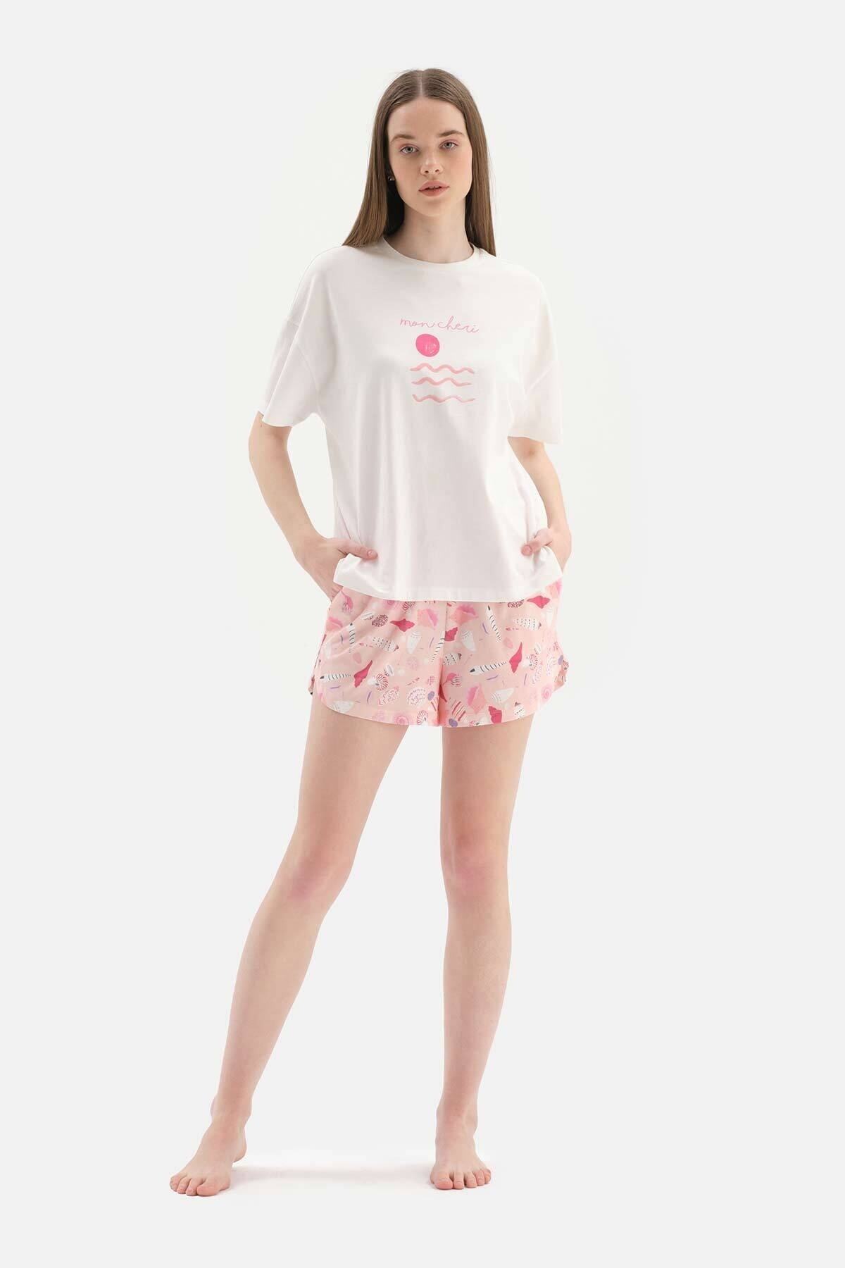 Levně Dagi Off-White Meter Printed Cotton Shorts Pajama Set