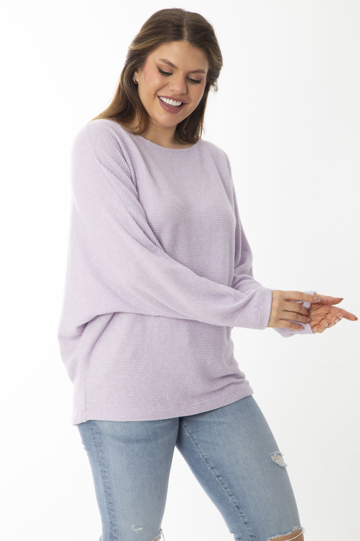 Şans Women's Plus Size Lilac Bat Sleeve Striped Wool Viscose Blouse