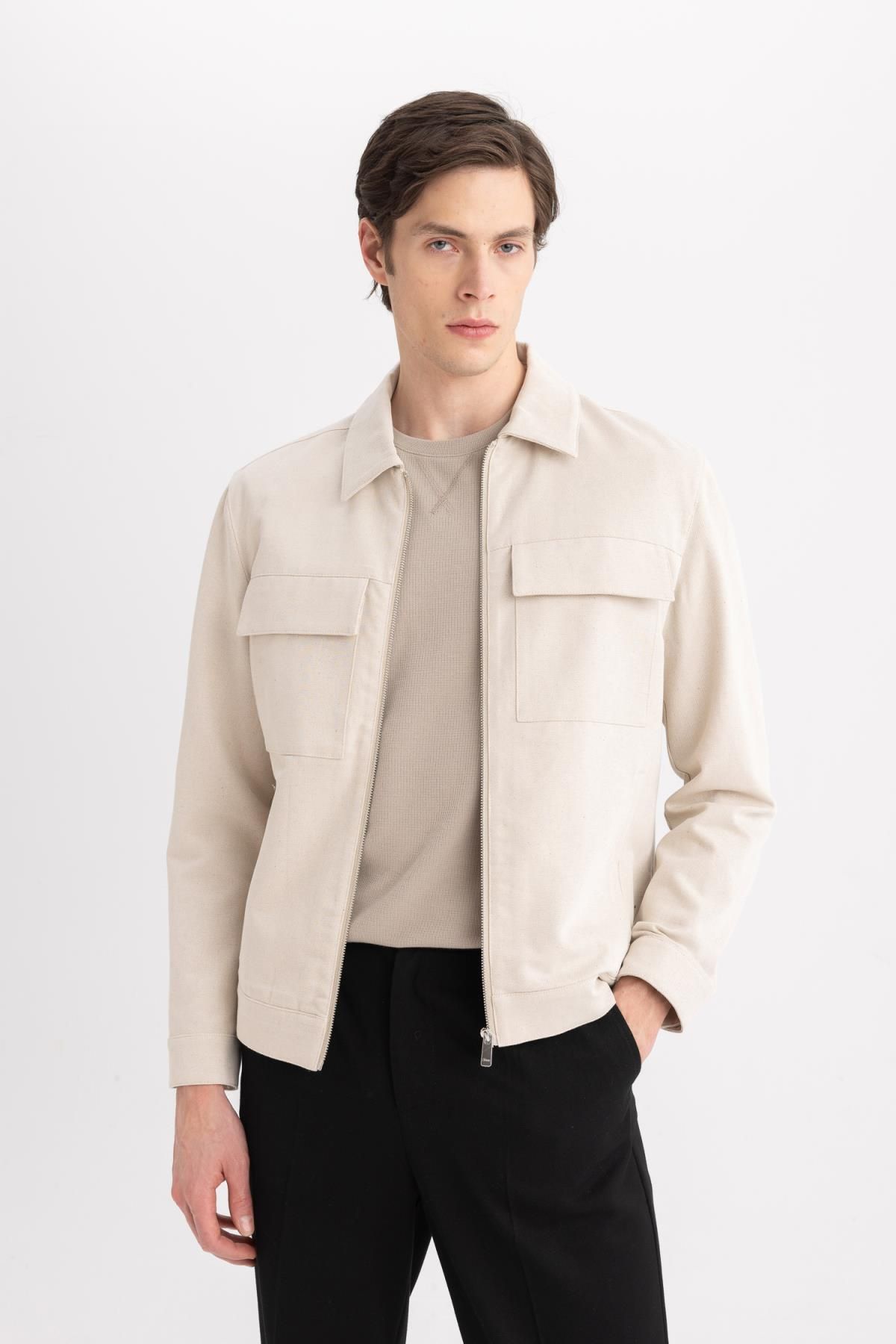 DEFACTO Regular Fit Polo Collar Half Lining Linen Coat