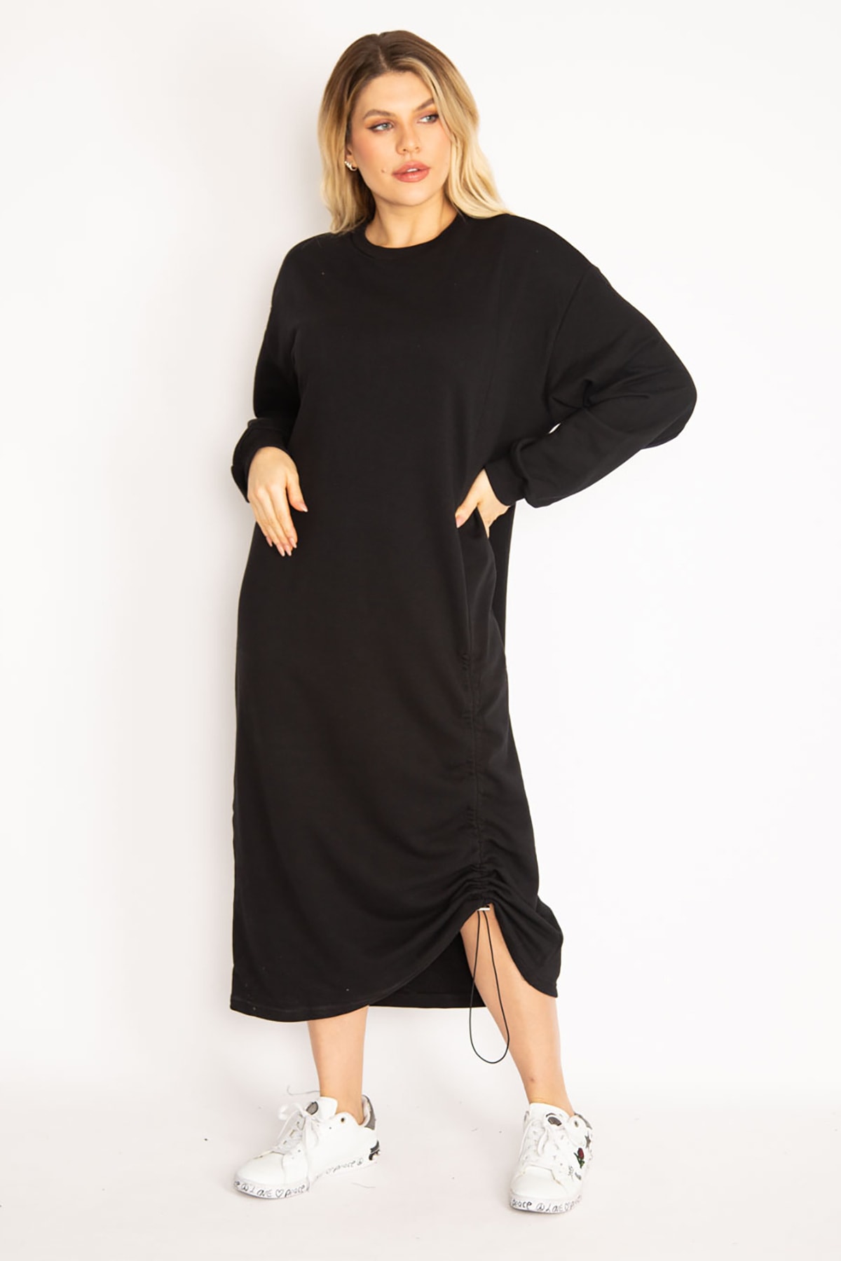 Şans Women's Plus Size Black Shirring Detail Sweatshirt Dress