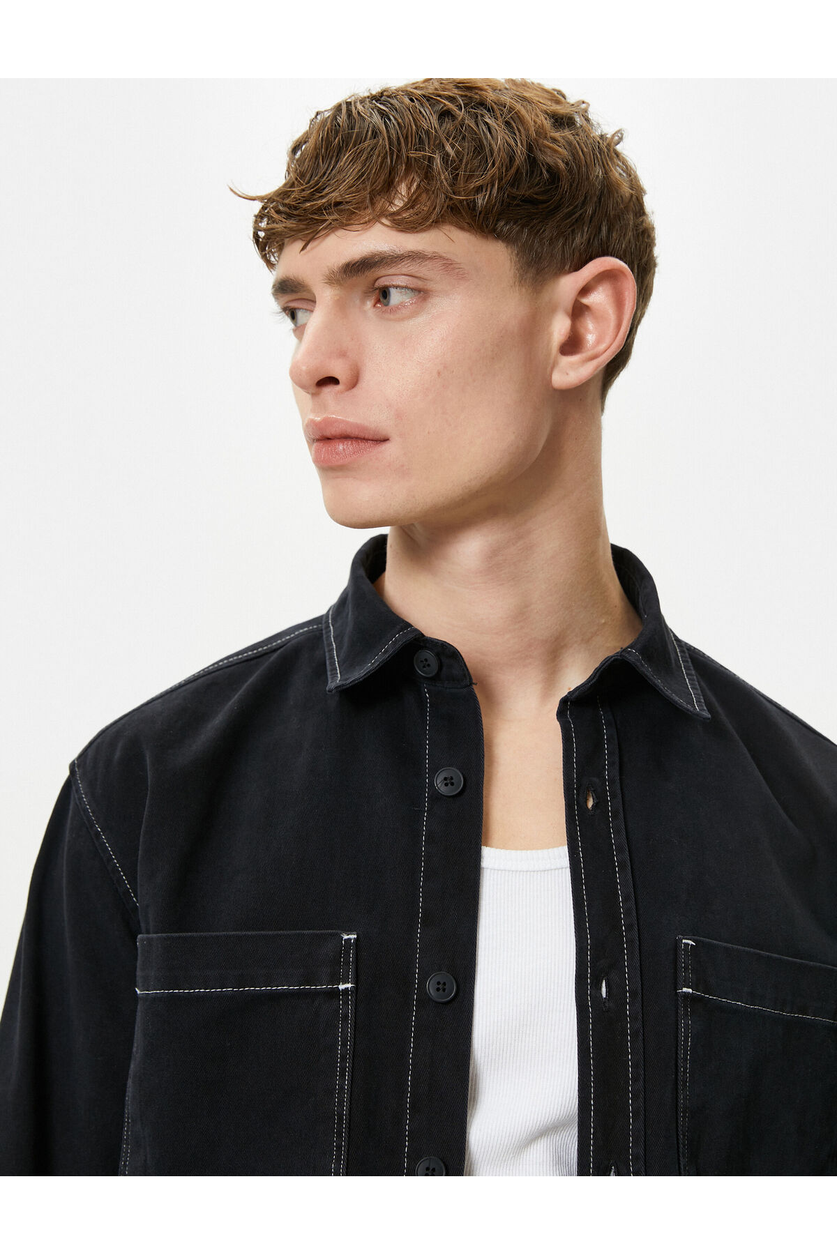 Koton Washed Shirt Stitch Detailed Pocket Classic Collar Buttoned