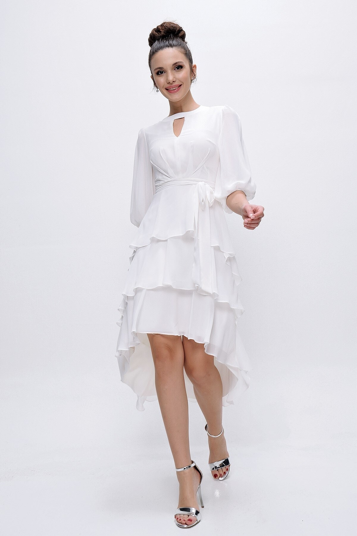 By Saygı Tulle Detailed Balloon Sleeve Waist Belted Tiered Chiffon Dress