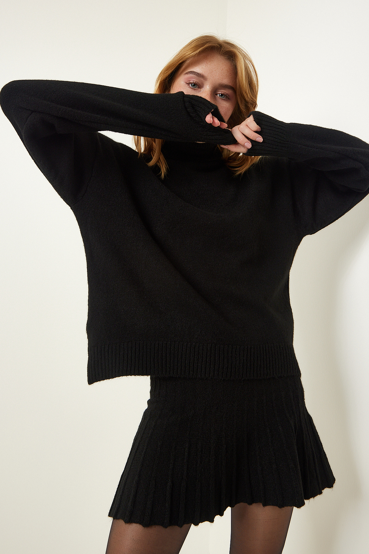 Happiness İstanbul Women&#039;s Black Turtleneck Sweater Skirt Knitwear Suit