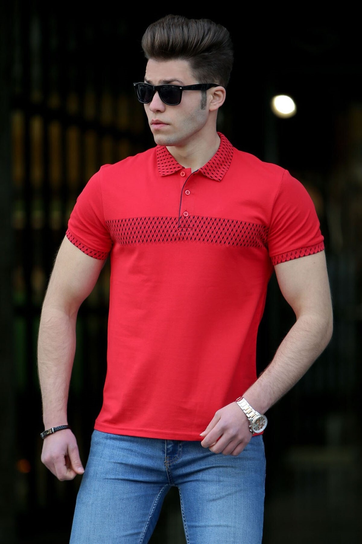 Levně Madmext Men's Red Patterned Polo Neck T-shirt