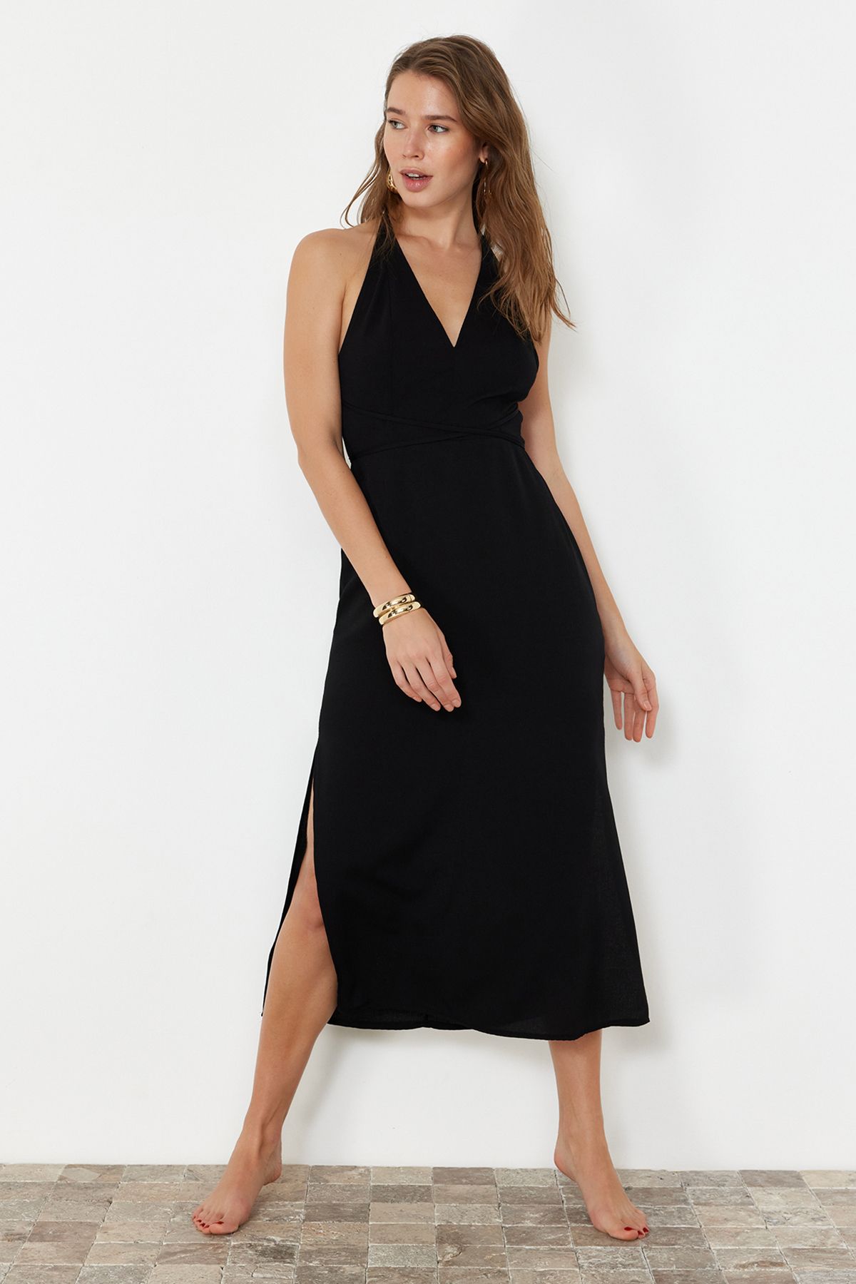 Trendyol Black Midi Woven Backless Beach Dress