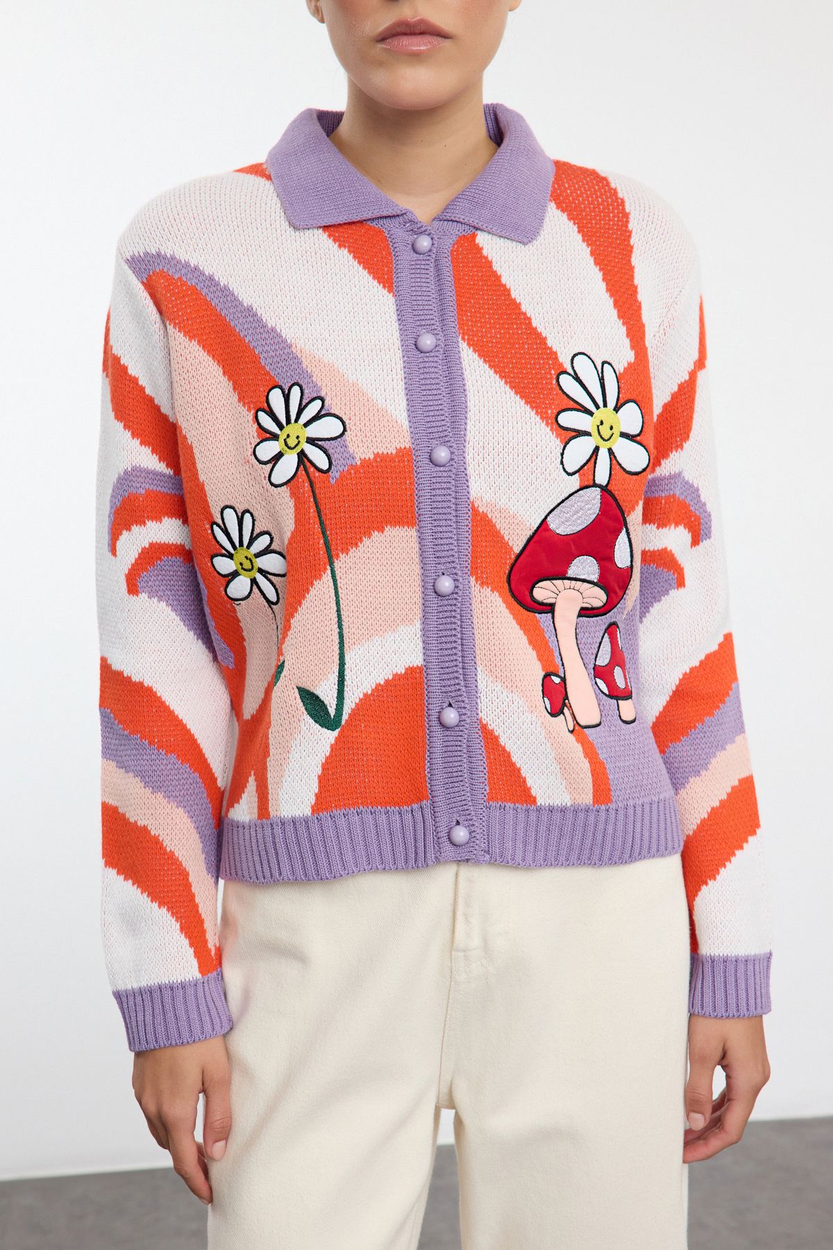 Trendyol Lilac Embroidery Detailed Knitwear Cardigan