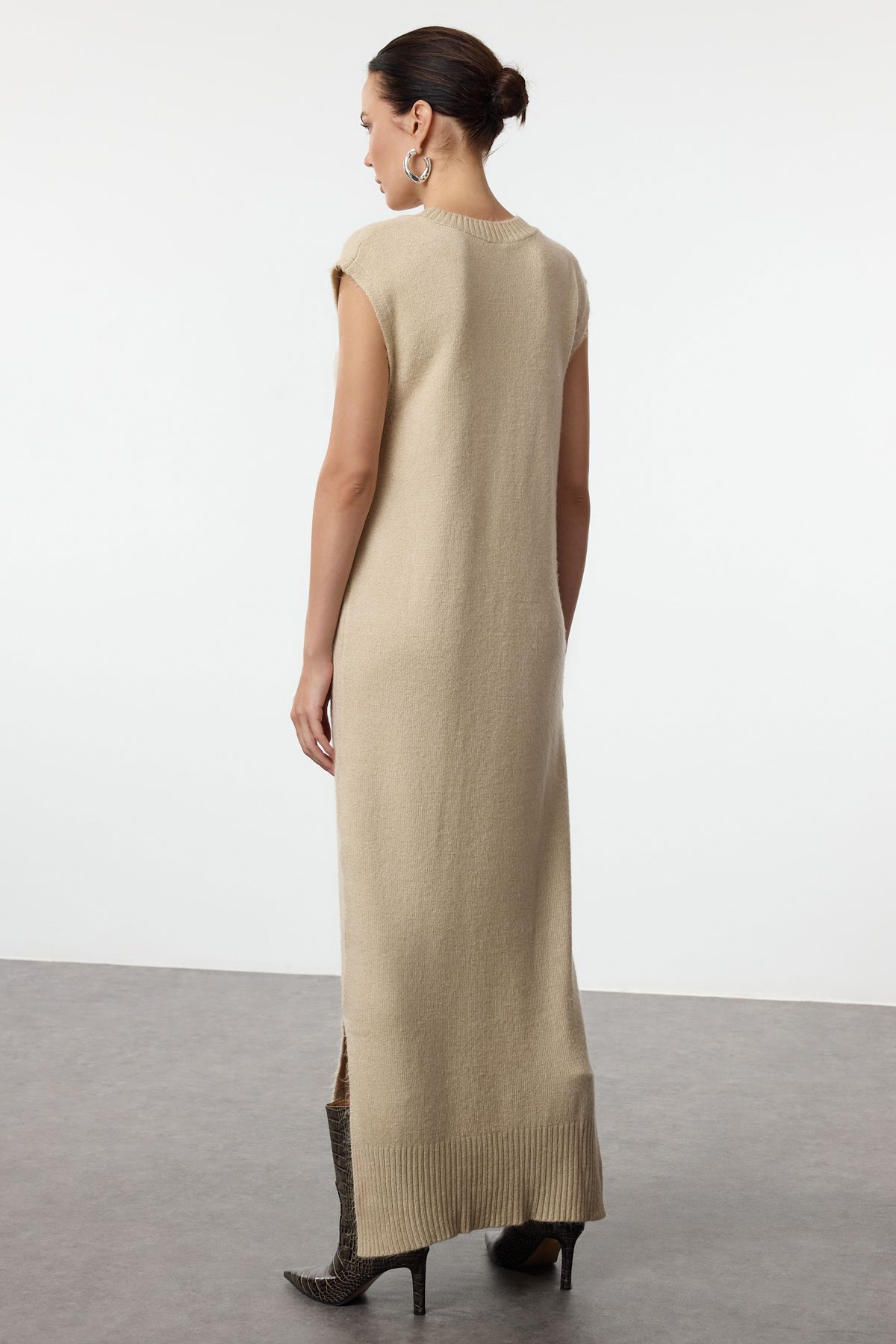 Trendyol Beige Maxi Knitwear Soft Texture Slit Detailed Vest Dress