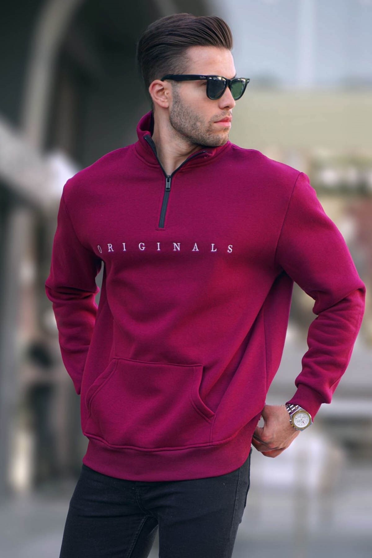 Madmext Claret Red Zipper Collar Embroidered Sweatshirt 6028