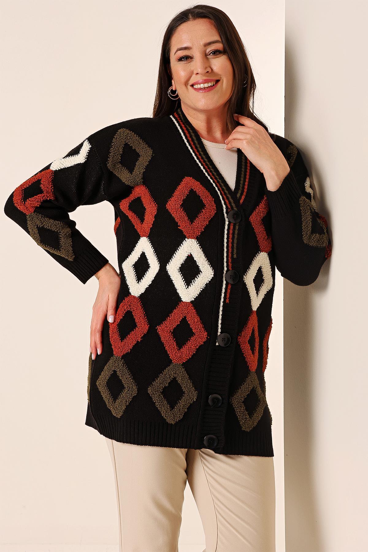 By Saygı Oversize Towel Baklava Pattern Long Knitwear Cardigan