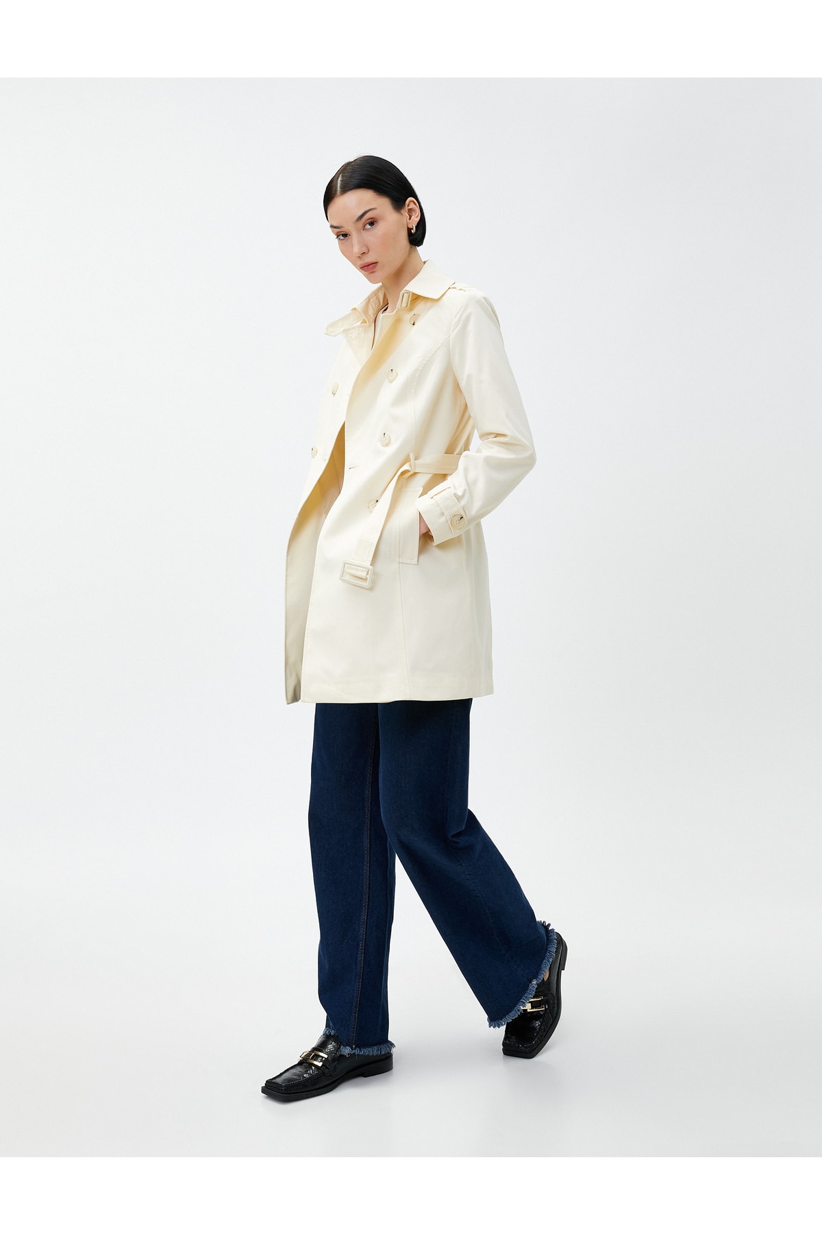 Levně Koton Oversized Midi Trench Coat, Double Breasted with Buttons and Belt