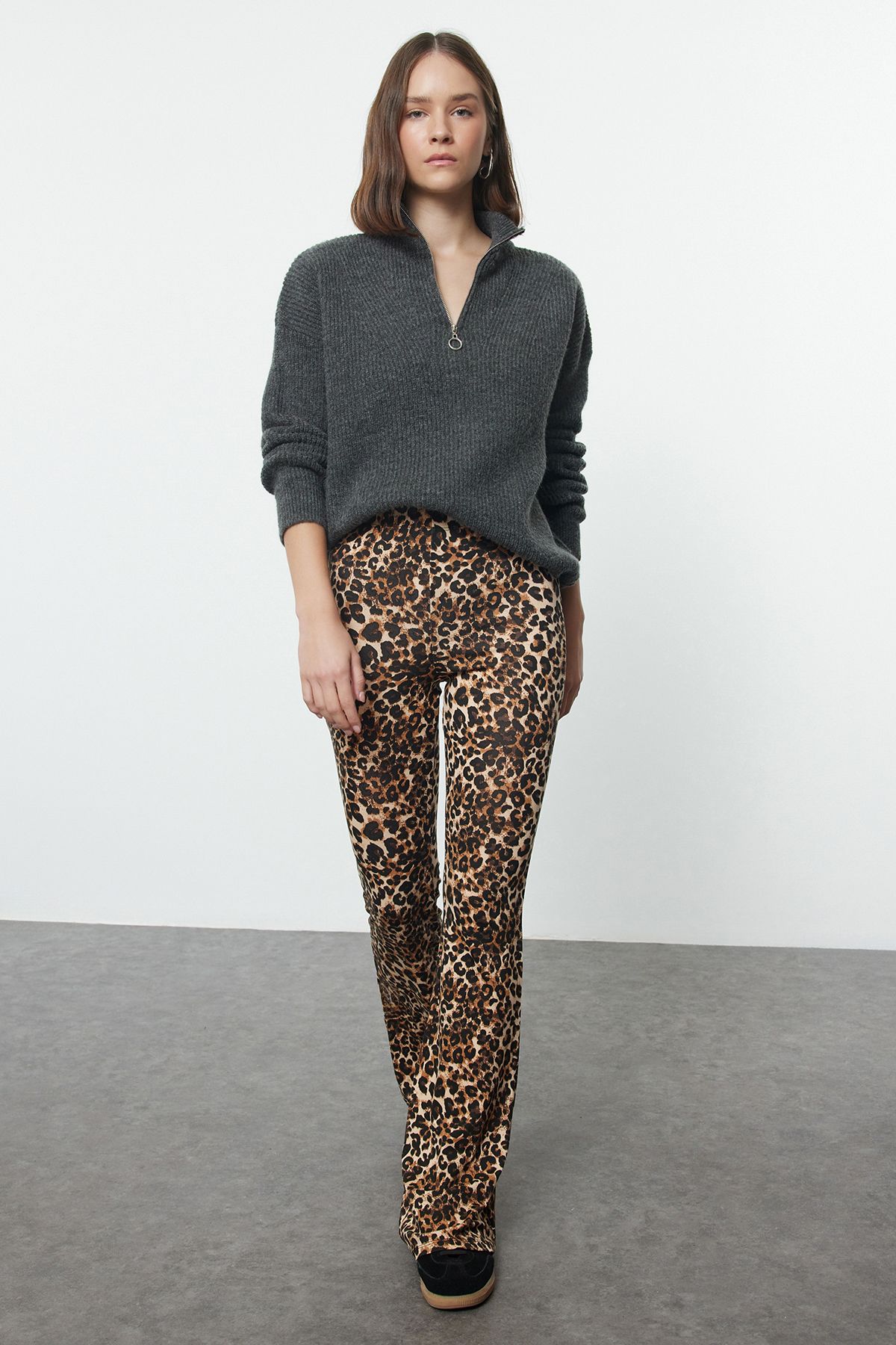 Trendyol Brown Animal Patterned Flare/Wide Leg High Waist Trousers