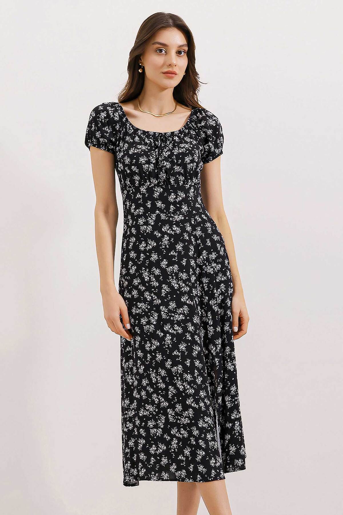 Bigdart 2427 Slit Floral Viscose Dress - Black