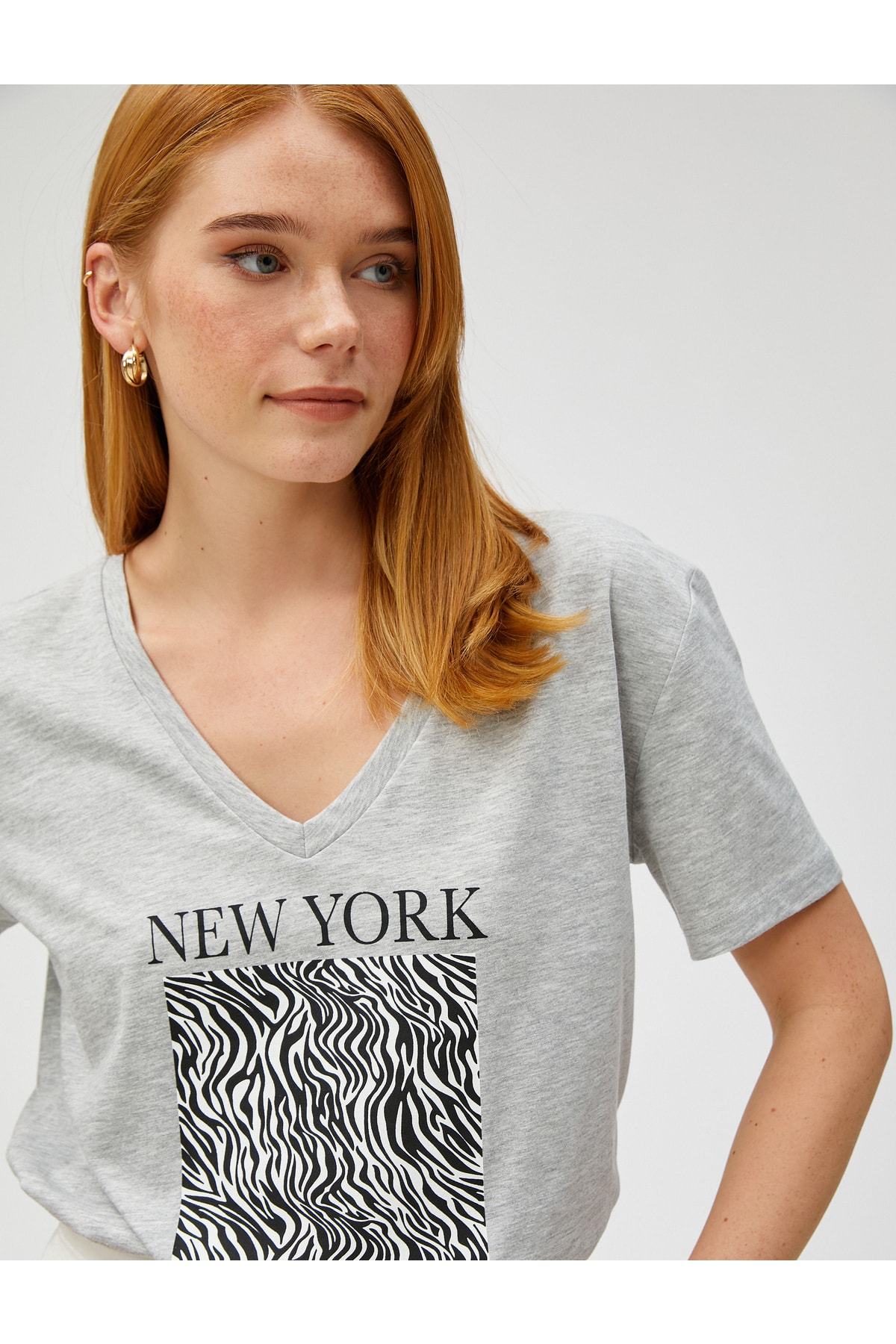 Koton Zebra Printed V-Neck Short Sleeve T-Shirt