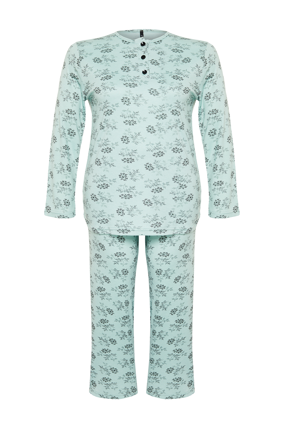 Trendyol Curve Mint Buttoned Floral Pattern Knitted Pajamas Set