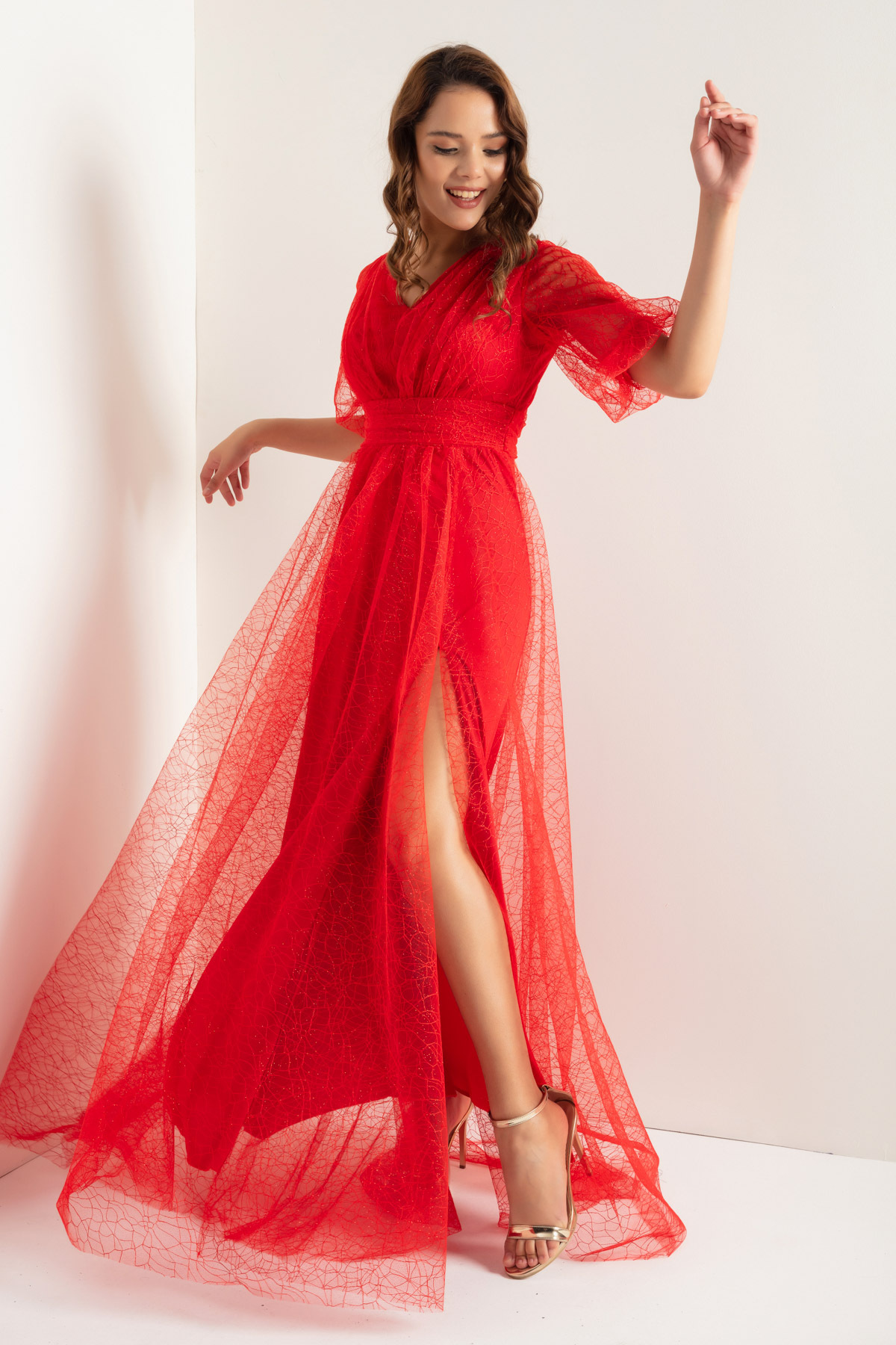 Levně Lafaba Dámské červené balónové rukávy stříbřitě dlouhé večerní šaty