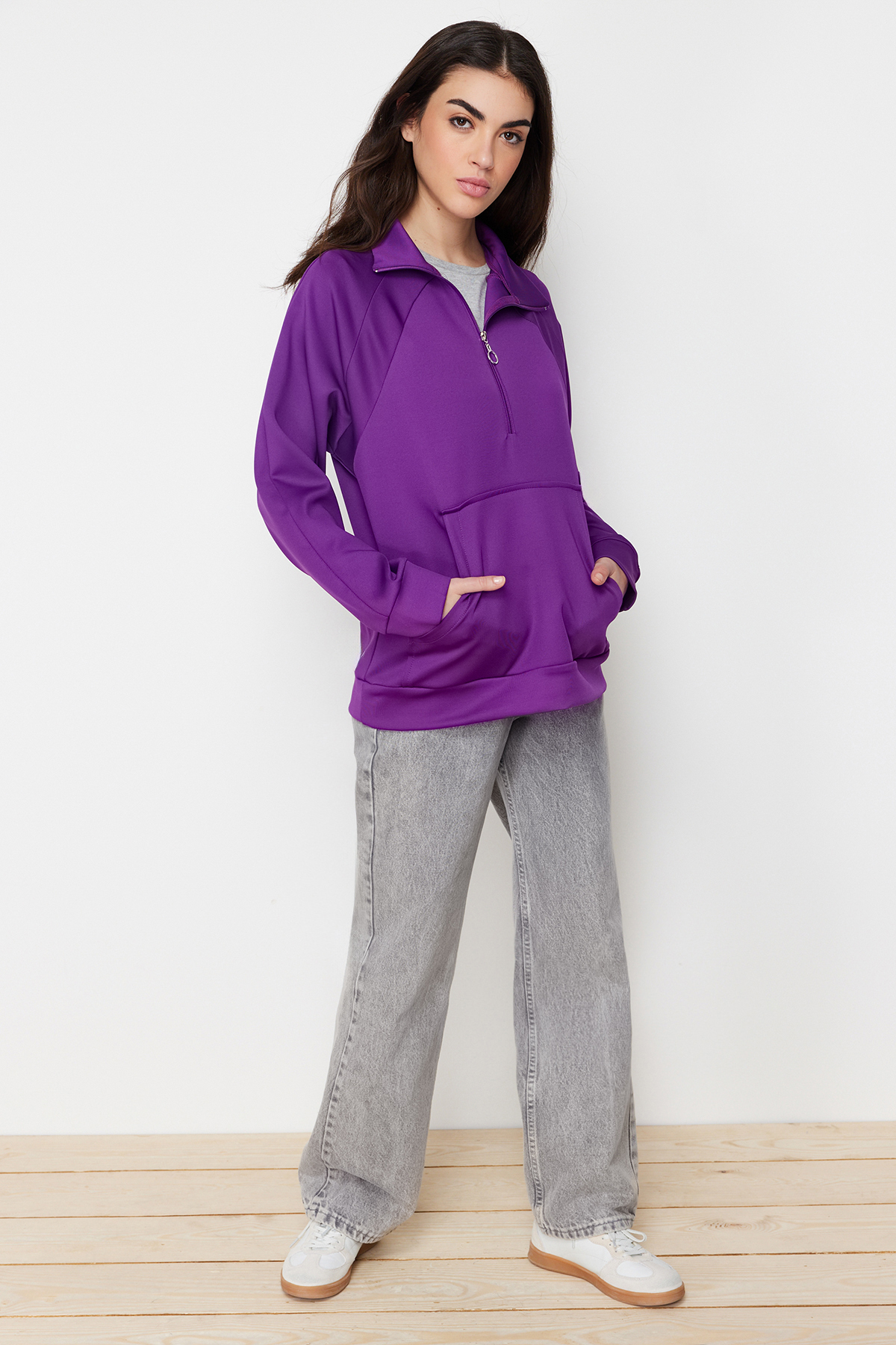 Trendyol Purple Oversize Kangaroo Pocket Zipper Detailed Scuba Knitted Sweatshirt