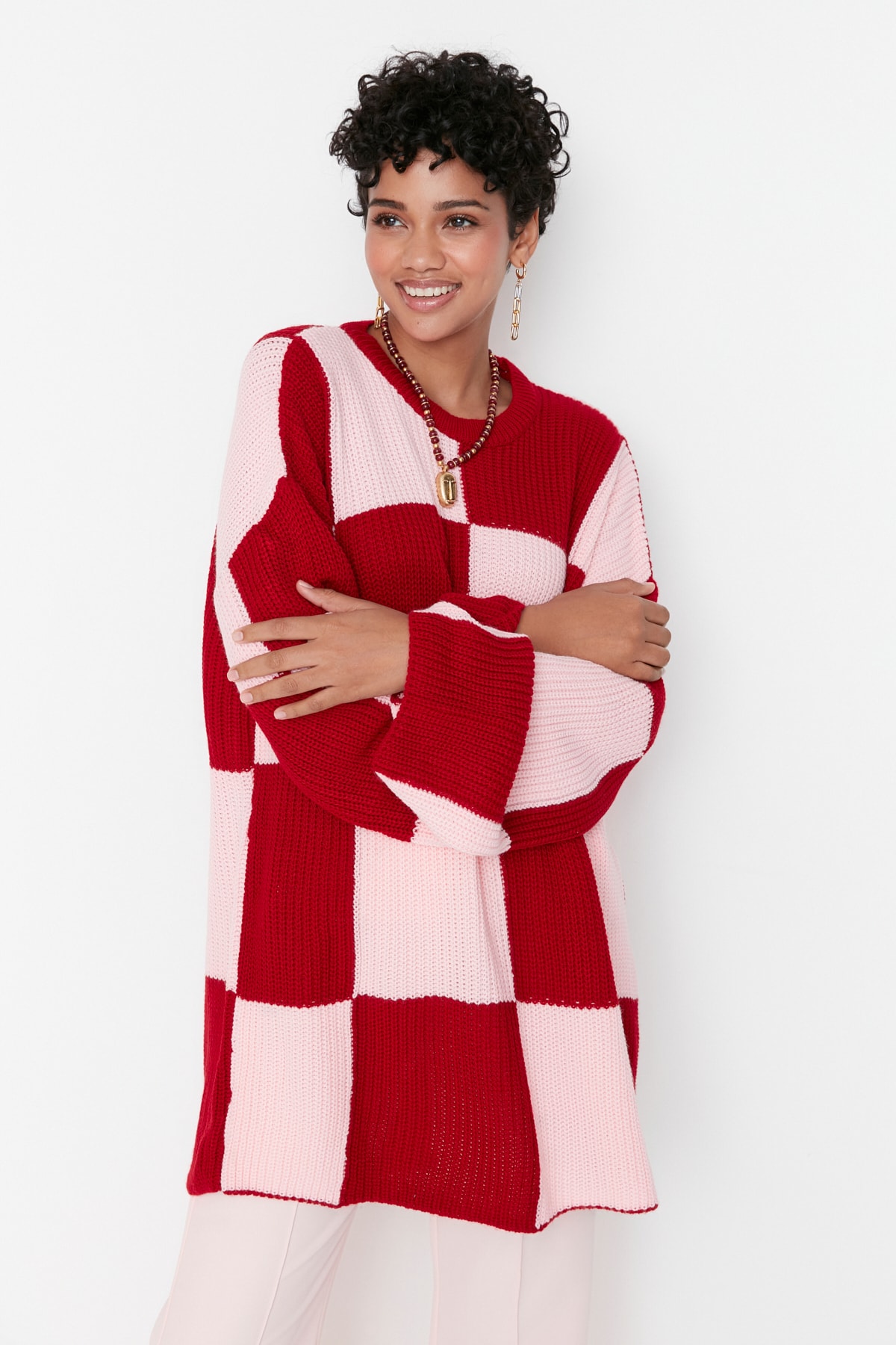 Trendyol Red Pink Checkerboard Pattern Crewneck Knitwear Sweater