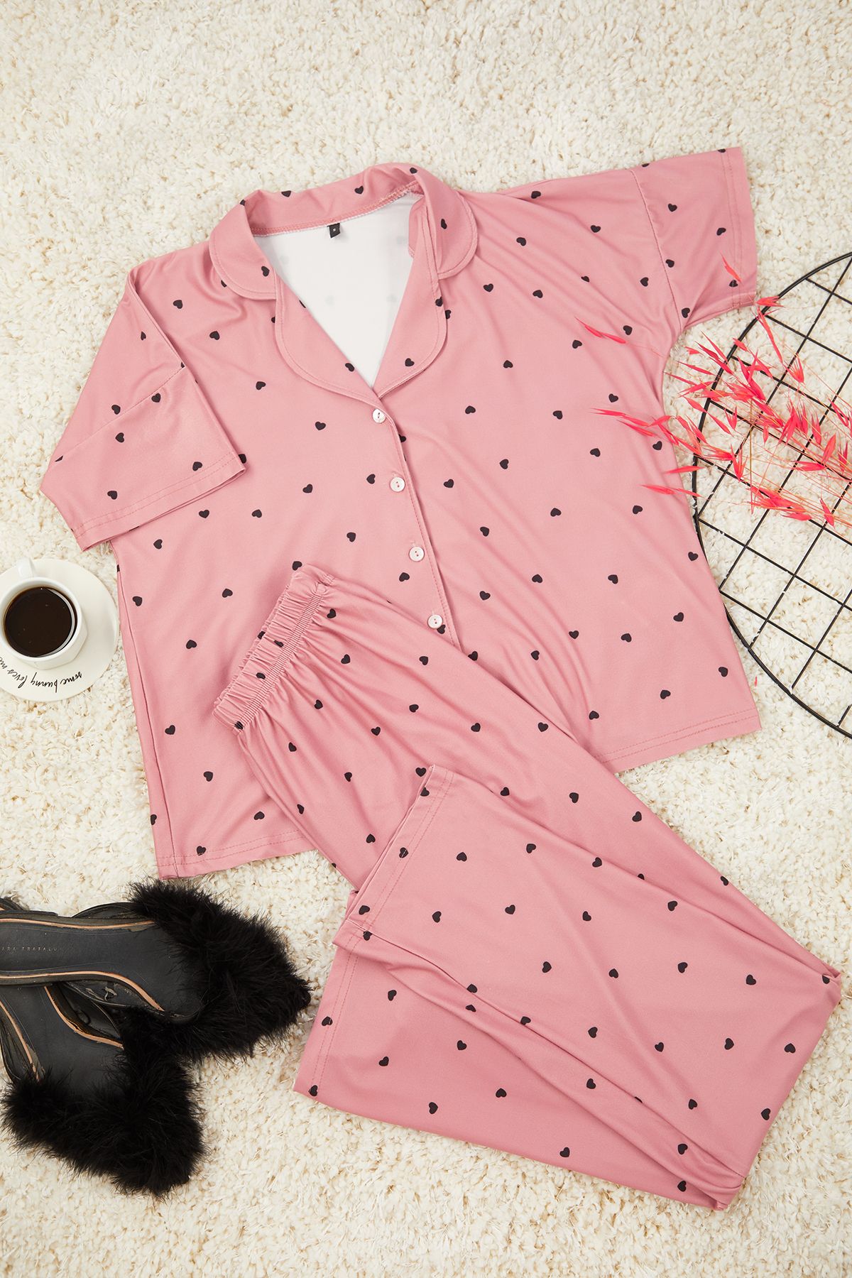 Trendyol Dusty Rose Heart Knitted Pajamas Set