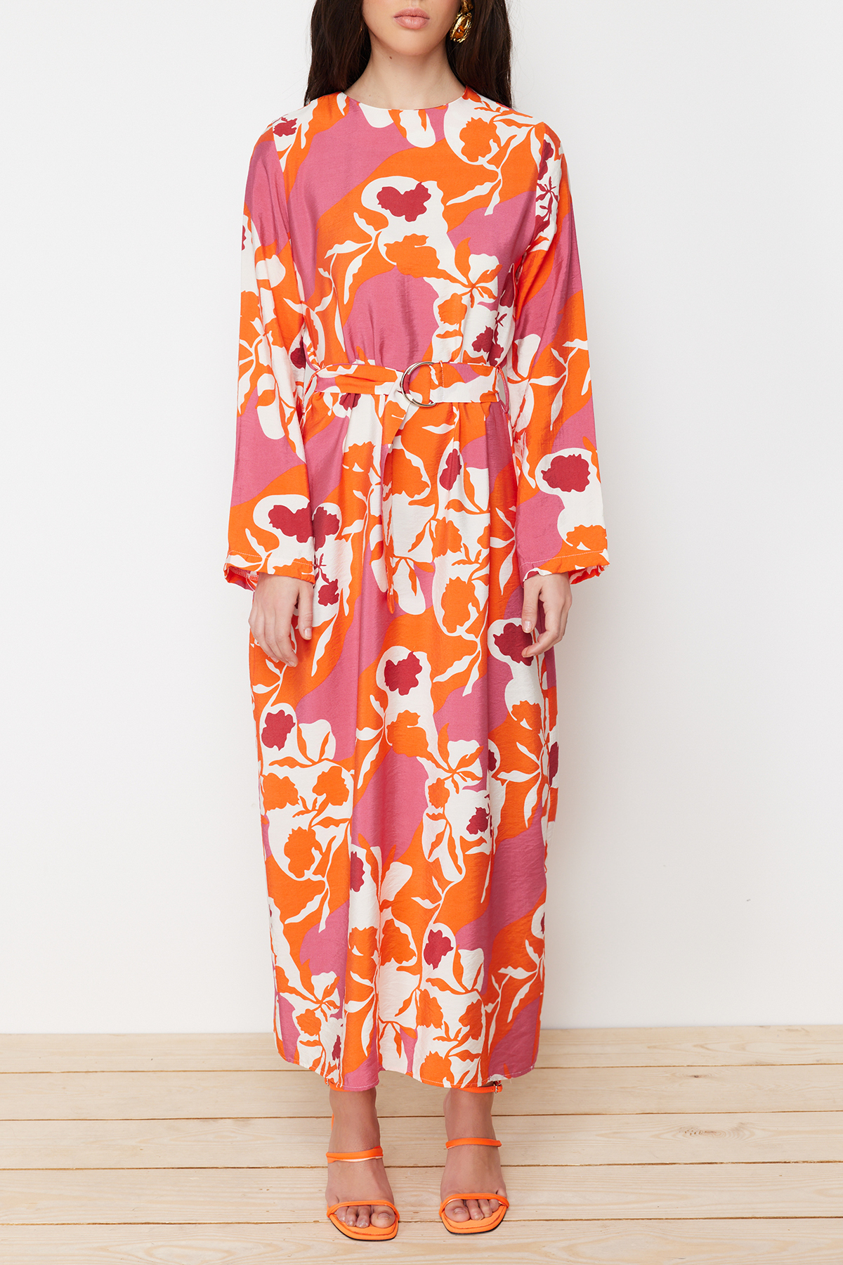 Trendyol Pink Belted Floral Woven Dress