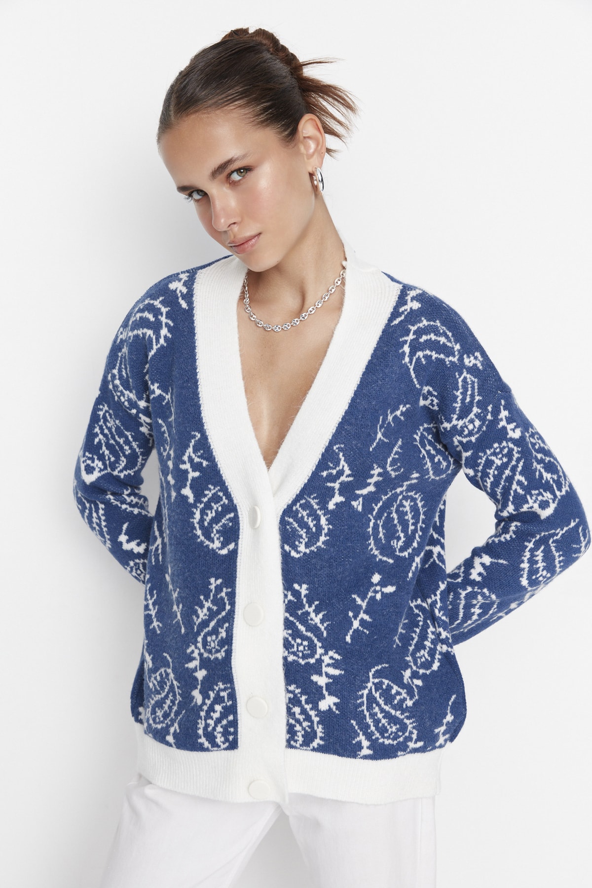 Trendyol Indigo Jacquard Knitwear Cardigan
