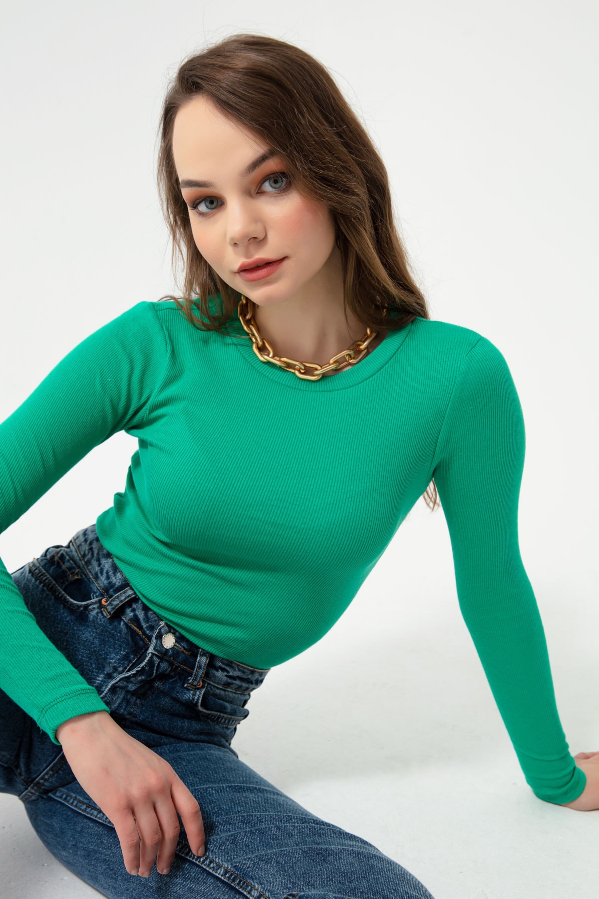 Levně Lafaba Women's Green Corduroy Long-Sleeve Crop Top