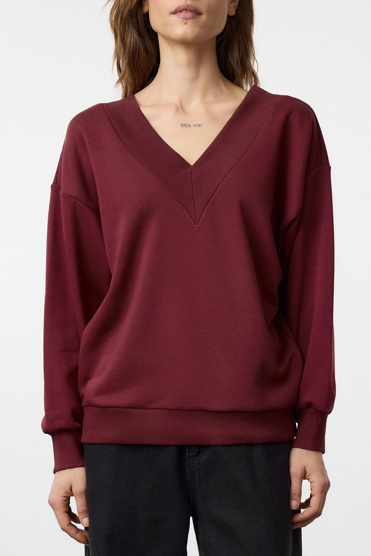 Trendyol Burgundy Oversize/Wide Fit Thick V-neck Knitted Sweatshirt