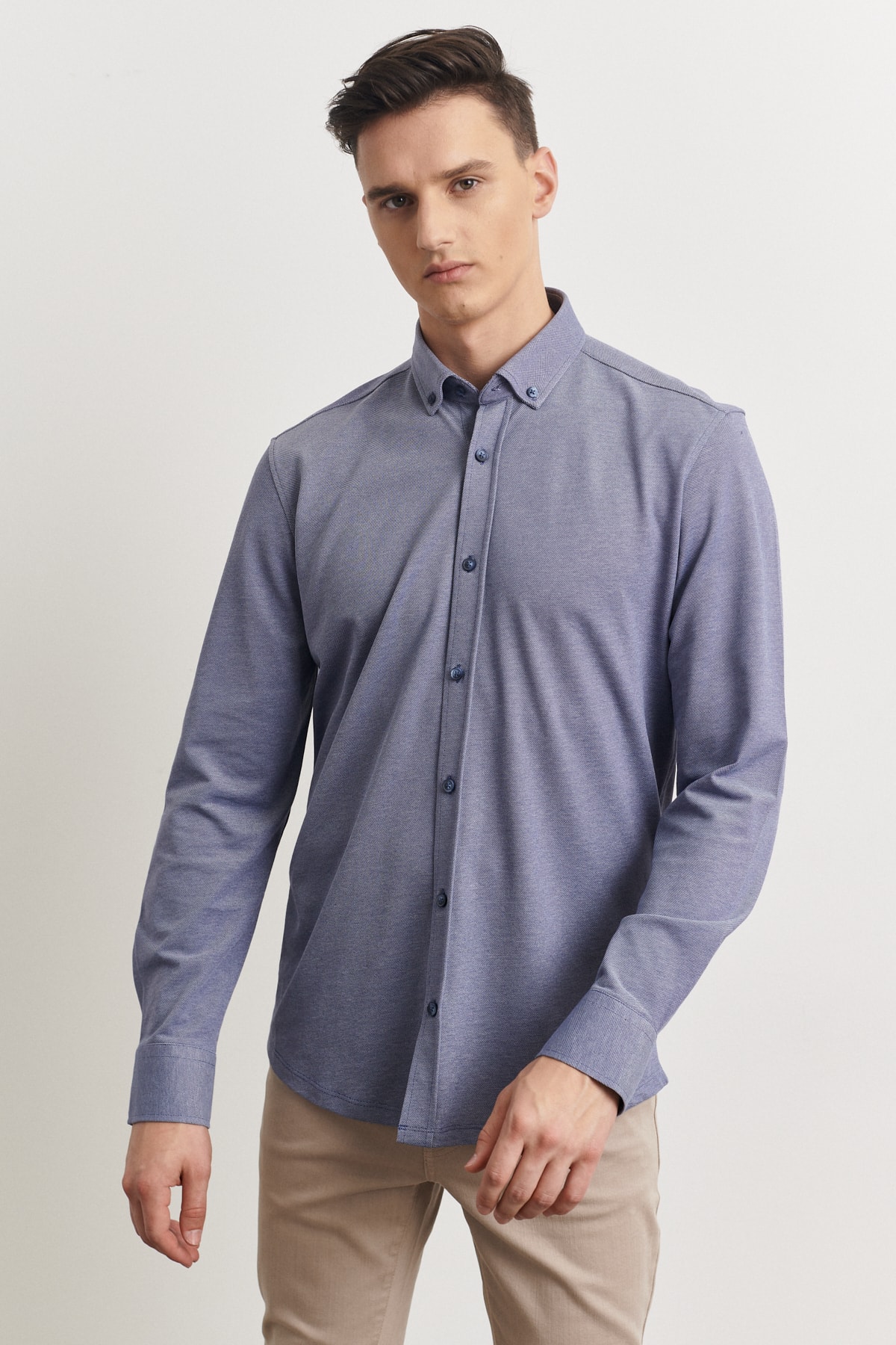 ALTINYILDIZ CLASSICS Men's Navy Blue Slim Fit Slim Fit Oxford Buttoned Collar Pique Patterned Cotton Shirt.