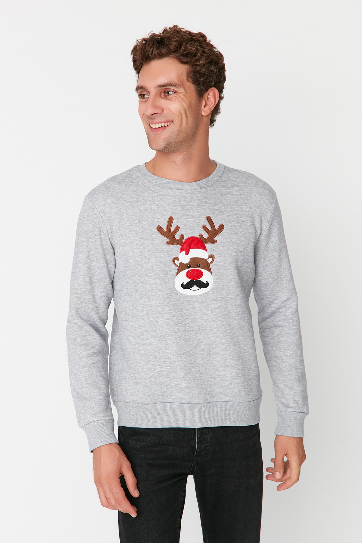 Levně Trendyol Men's Gray Melange Regular Fit Christmas Printed Thick Fleece Sweatshirt