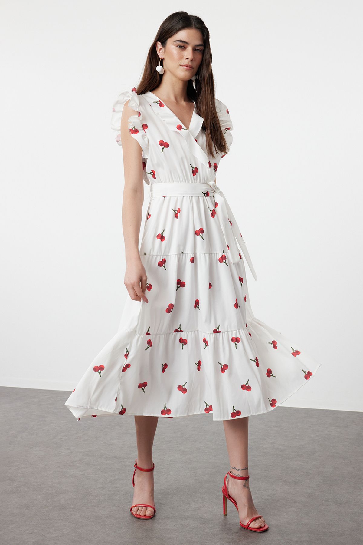 Trendyol Multicolored Cherry Pattern Belted A-Line Double Breasted Collar Woven Dress