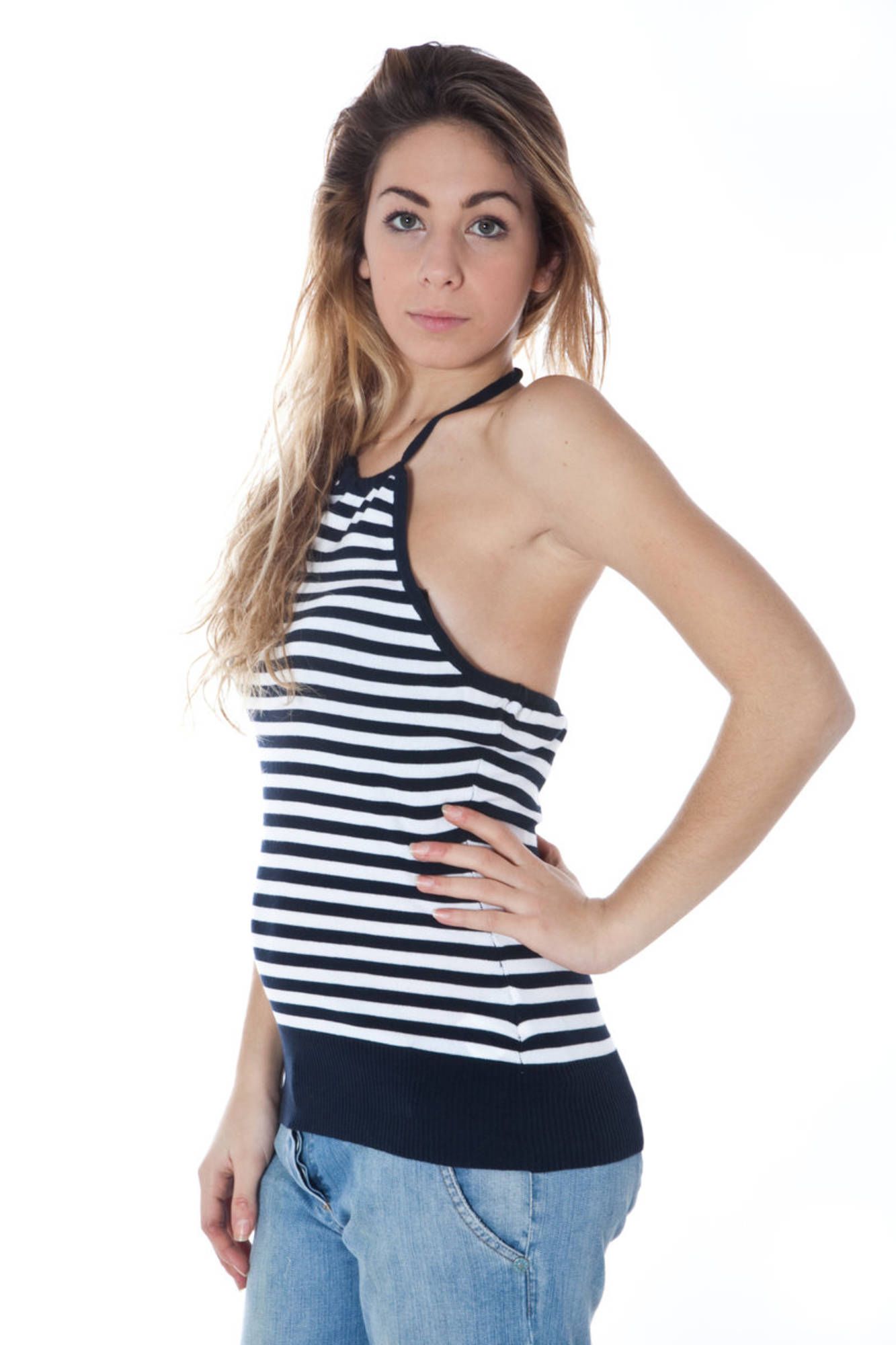 Top cu dungi albastre pentru femei