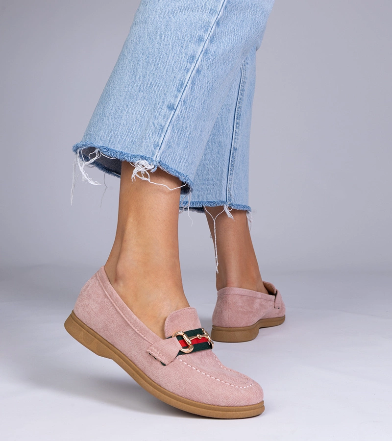 Gemre Mocasini roz din piele ecologică întoarsă cu decorațiune aurie Daliana